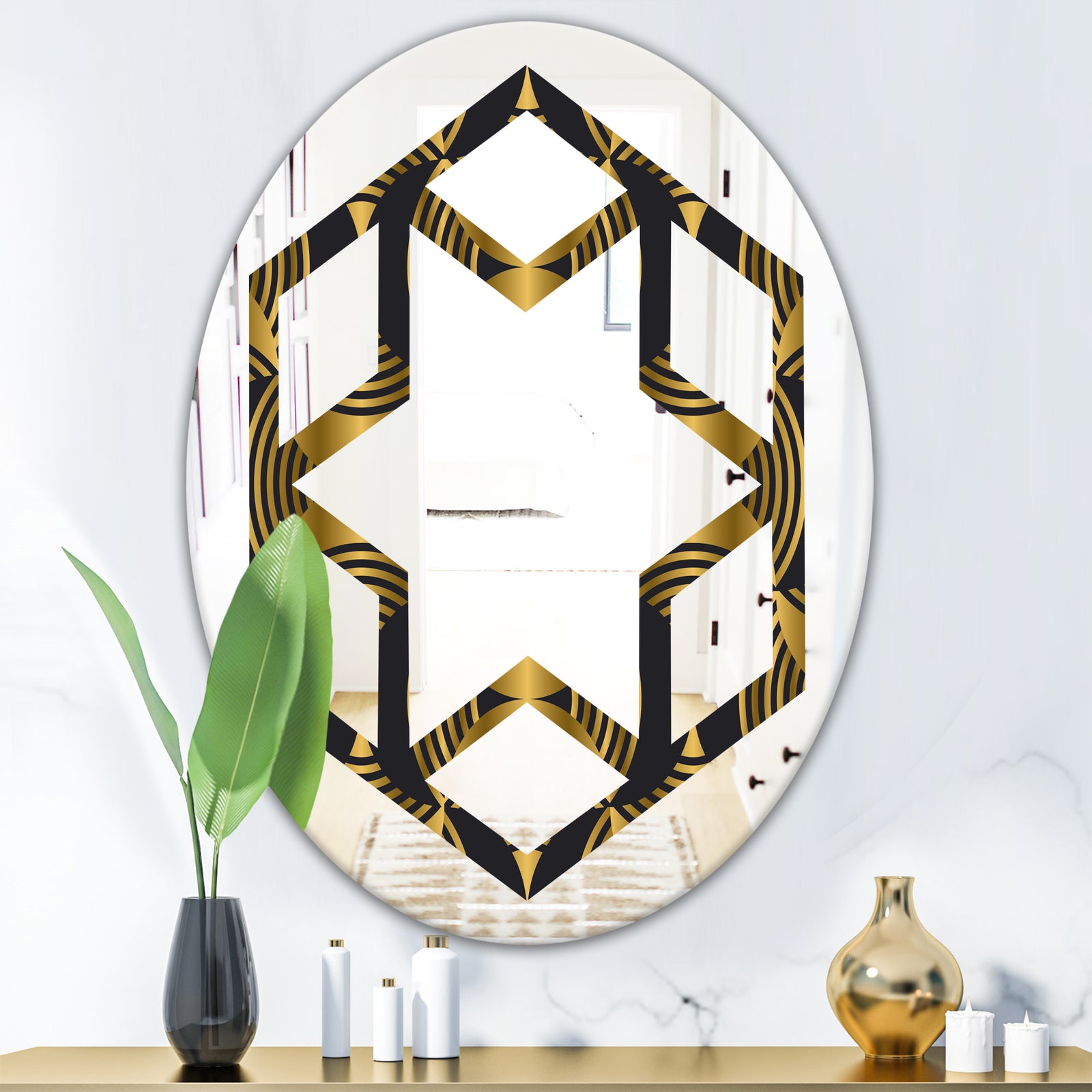 Art Deco style modern pattern - Modern Round or Oval Wall Mirror - Hexagon Star