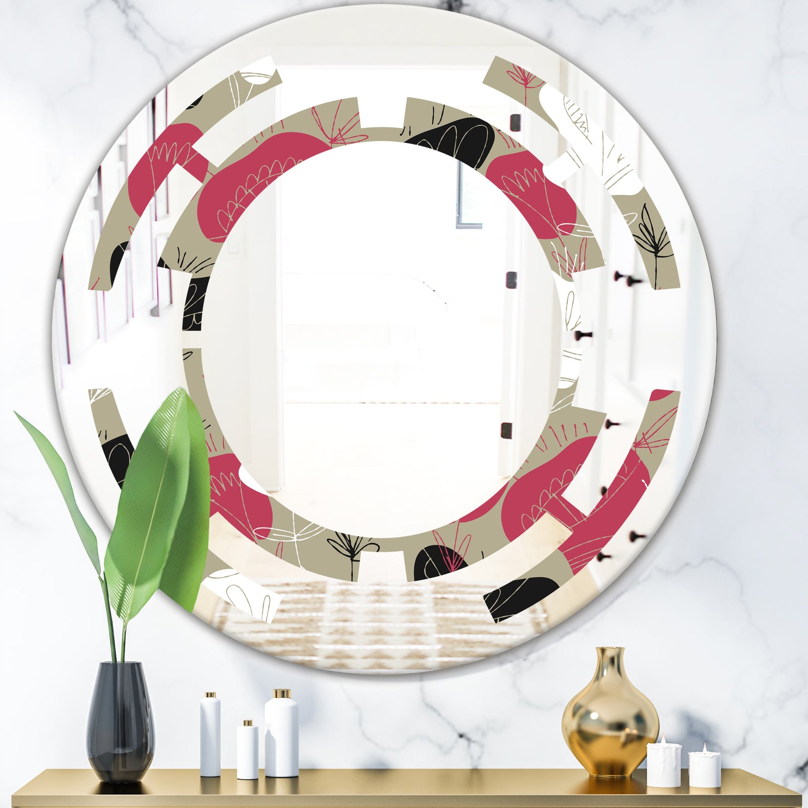 Folk flowers hand drawn pattern - Modern Round or Oval Wall Mirror - Space