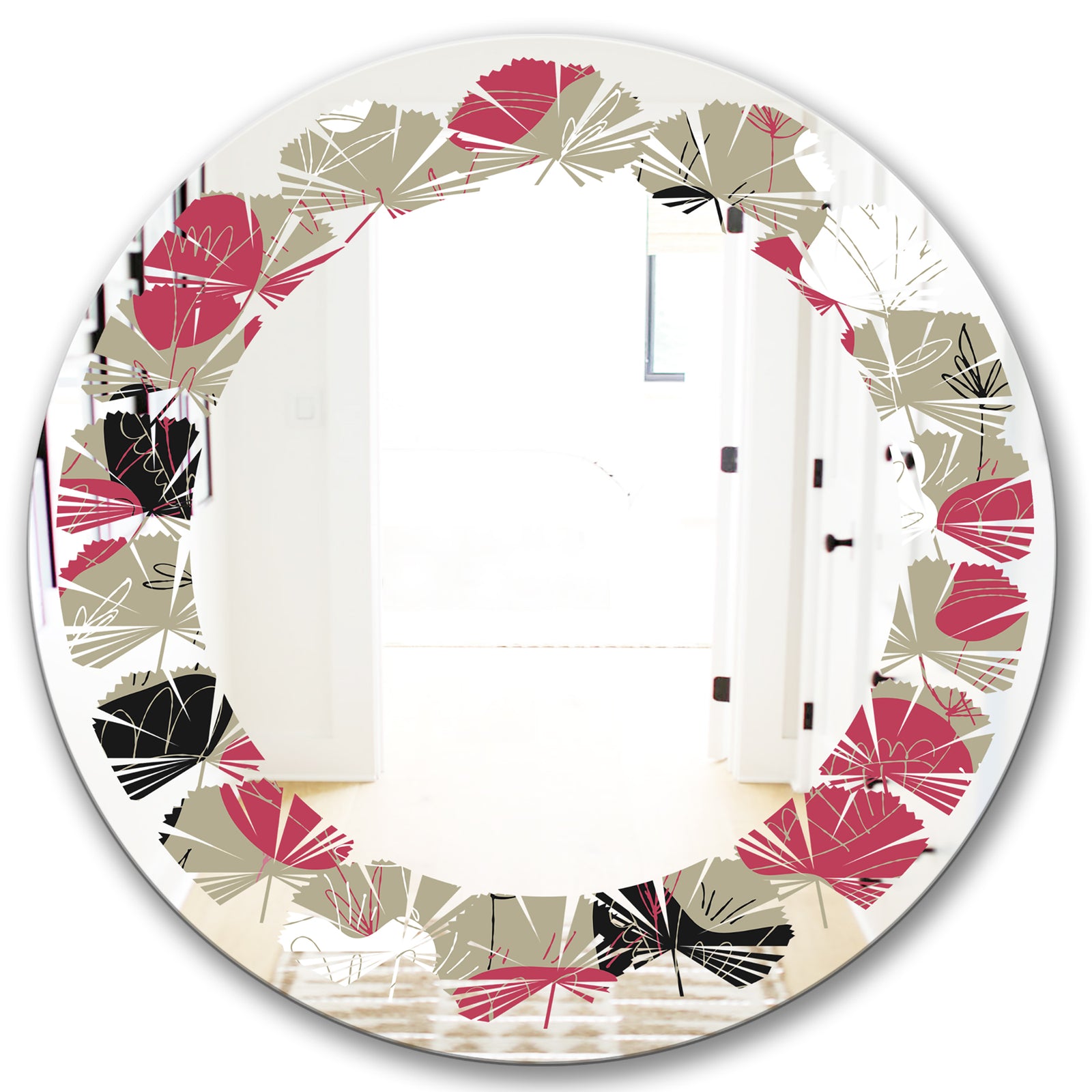 Folk flowers hand drawn pattern - Modern Round or Oval Wall Mirror - Leaves