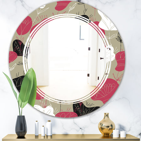 Folk flowers hand drawn pattern - Modern Round or Oval Wall Mirror - Triple C