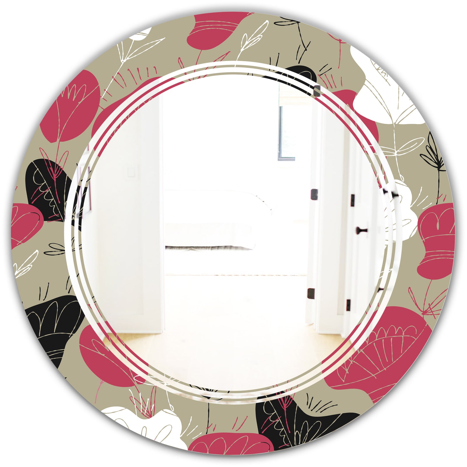 Folk flowers hand drawn pattern - Modern Round or Oval Wall Mirror - Triple C
