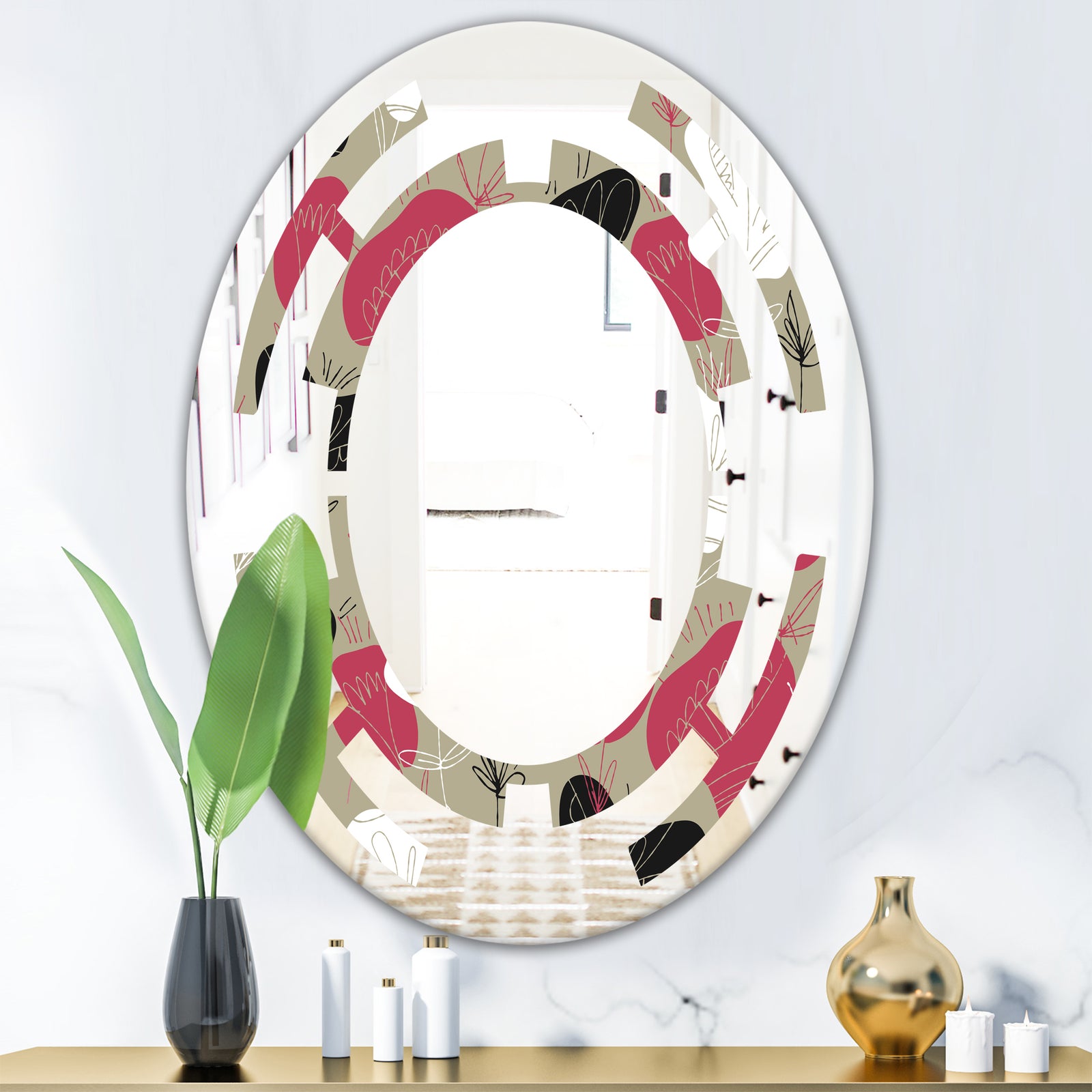 Folk flowers hand drawn pattern - Modern Round or Oval Wall Mirror - Space