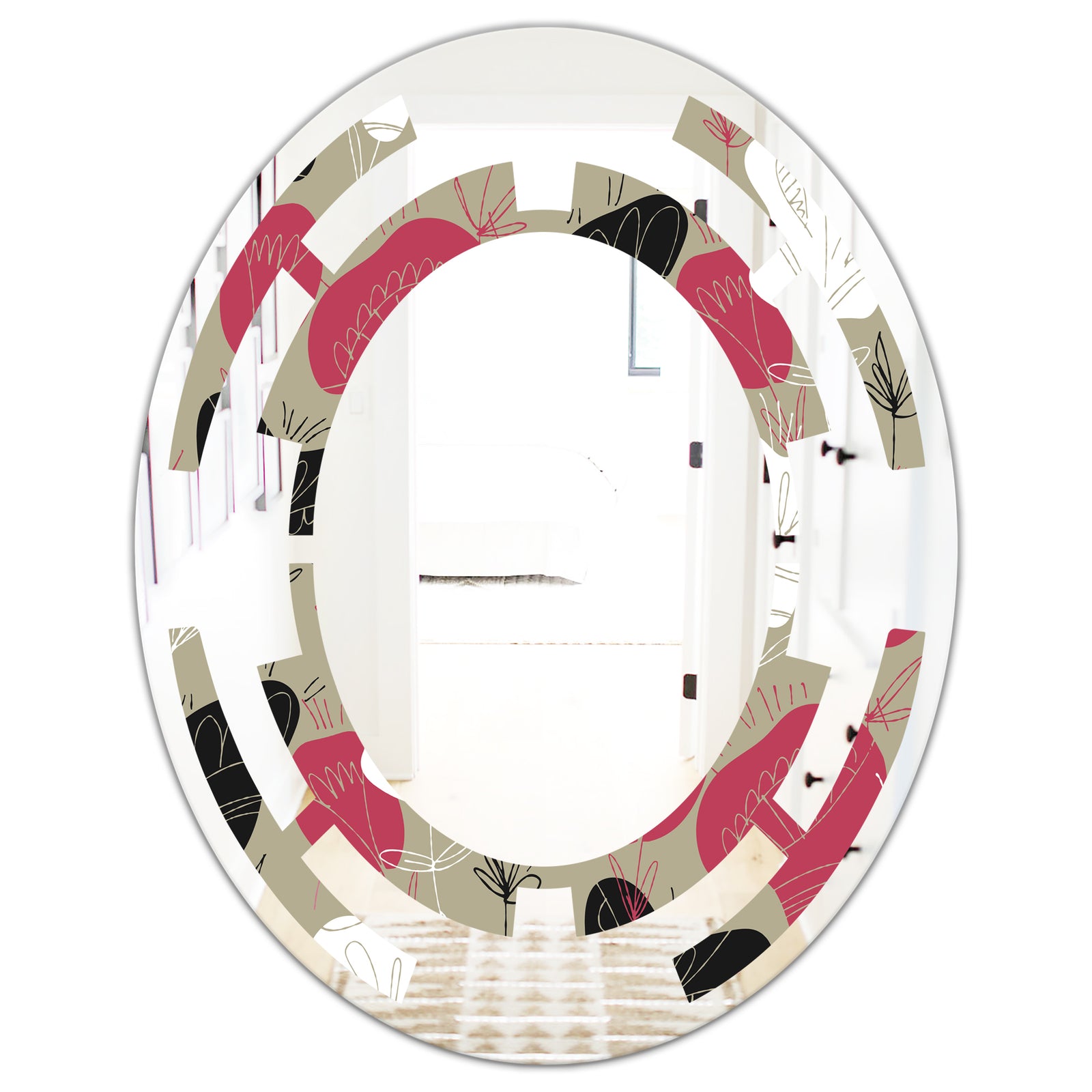 Folk flowers hand drawn pattern - Modern Round or Oval Wall Mirror - Space