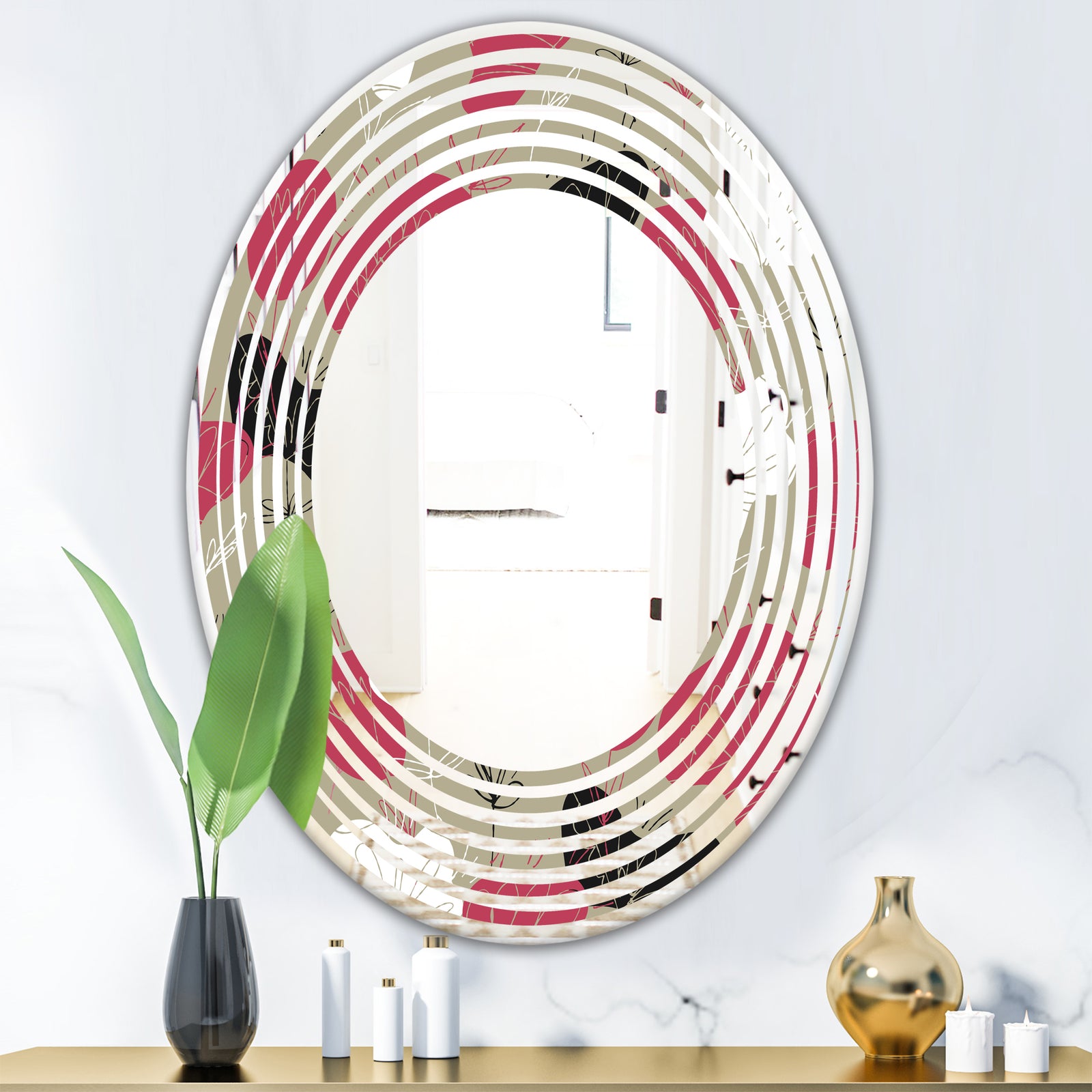 Folk flowers hand drawn pattern - Modern Round or Oval Wall Mirror - Wave