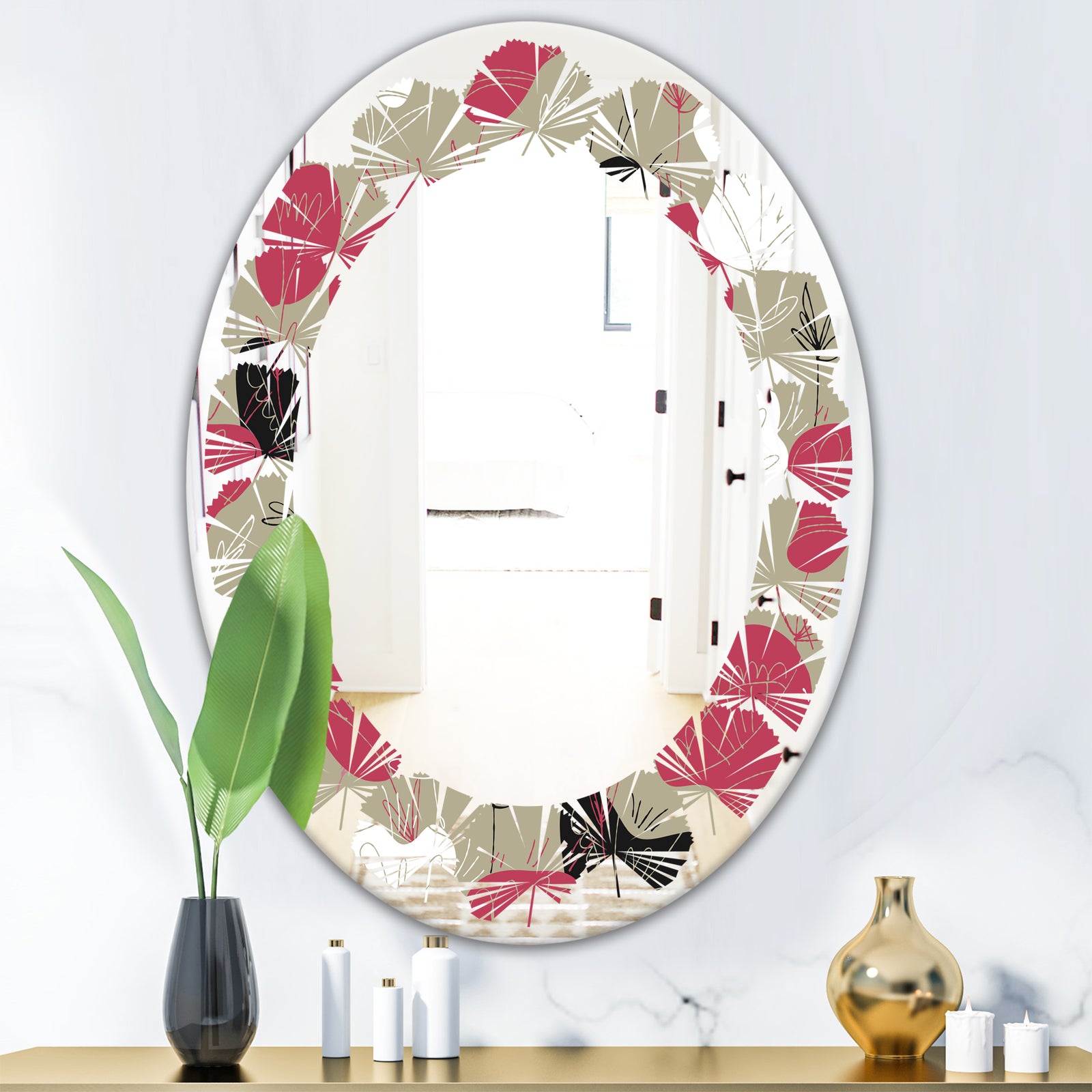 Folk flowers hand drawn pattern - Modern Round or Oval Wall Mirror - Leaves