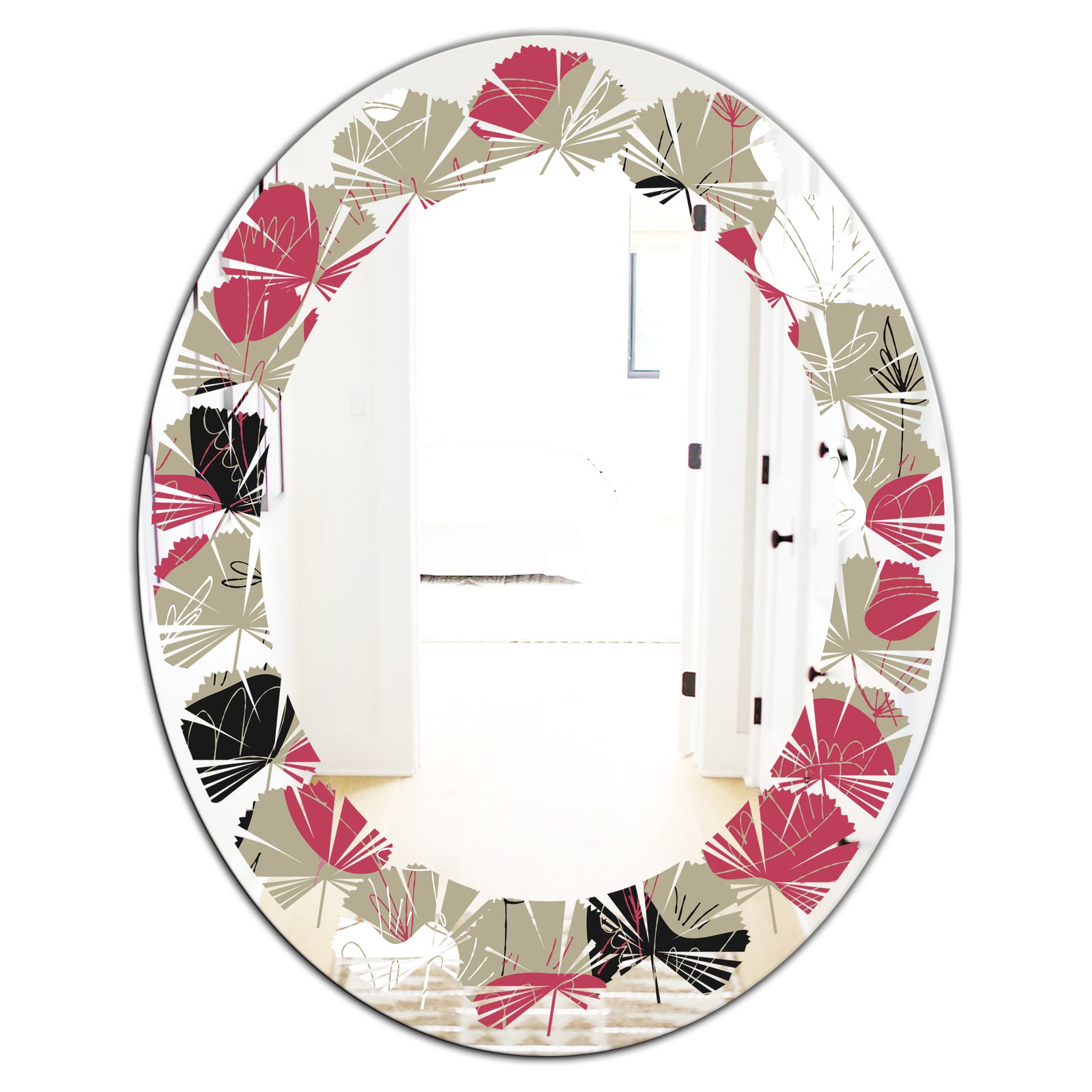 Folk flowers hand drawn pattern - Modern Round or Oval Wall Mirror - Leaves
