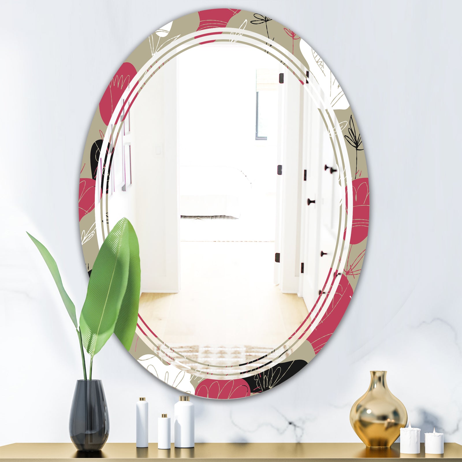 Folk flowers hand drawn pattern - Modern Round or Oval Wall Mirror - Triple C