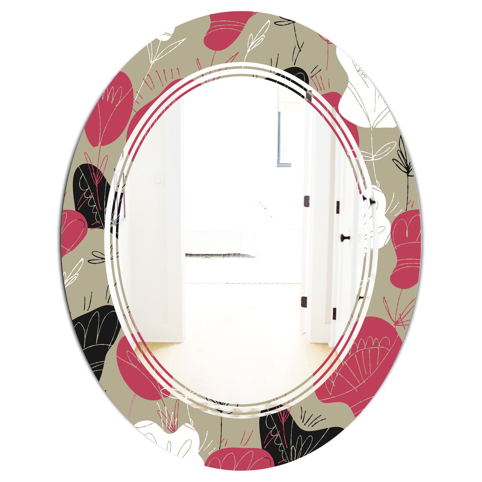 Folk flowers hand drawn pattern - Modern Round or Oval Wall Mirror - Triple C