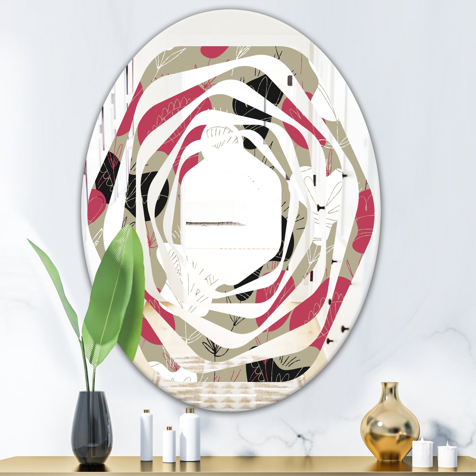Folk flowers hand drawn pattern - Modern Round or Oval Wall Mirror - Whirl