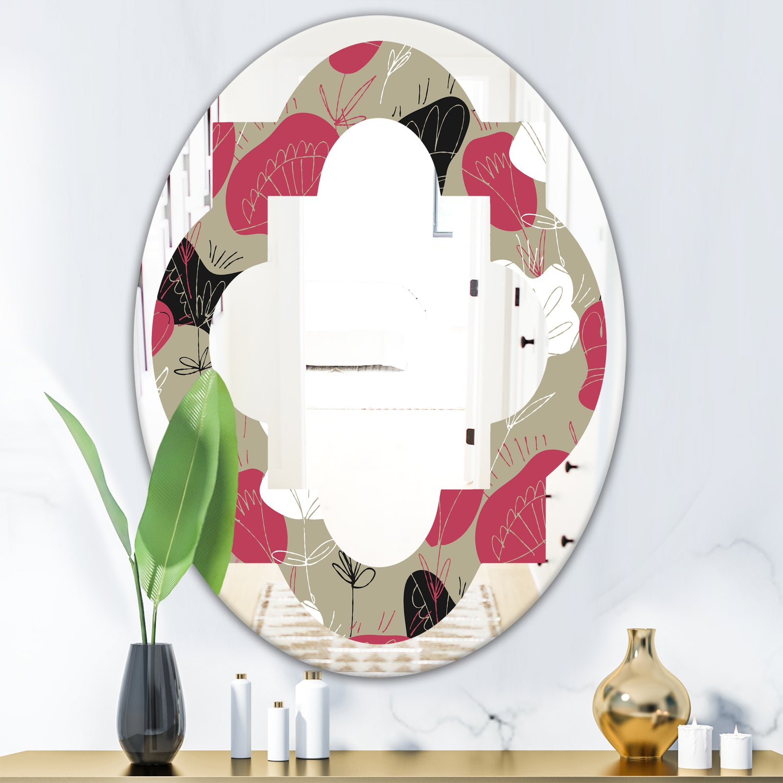 Folk flowers hand drawn pattern - Modern Round or Oval Wall Mirror - Quatrefoil