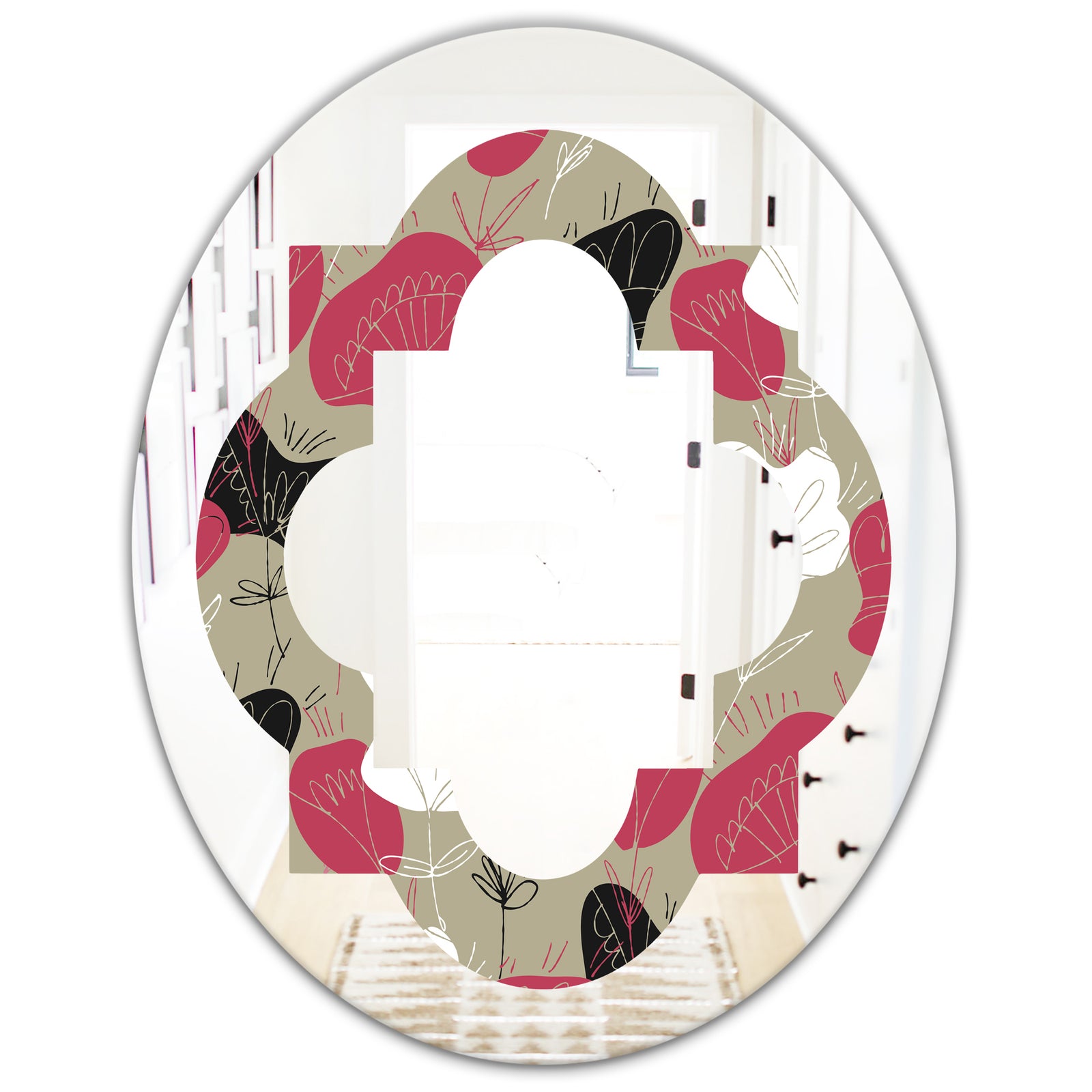 Folk flowers hand drawn pattern - Modern Round or Oval Wall Mirror - Quatrefoil