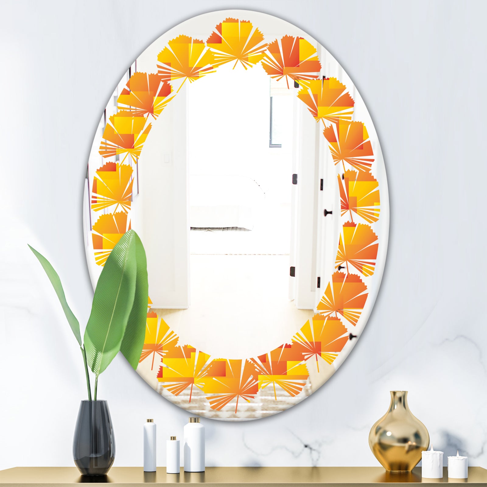 Retro Square Design VIII - Modern Round or Oval Wall Mirror - Leaves