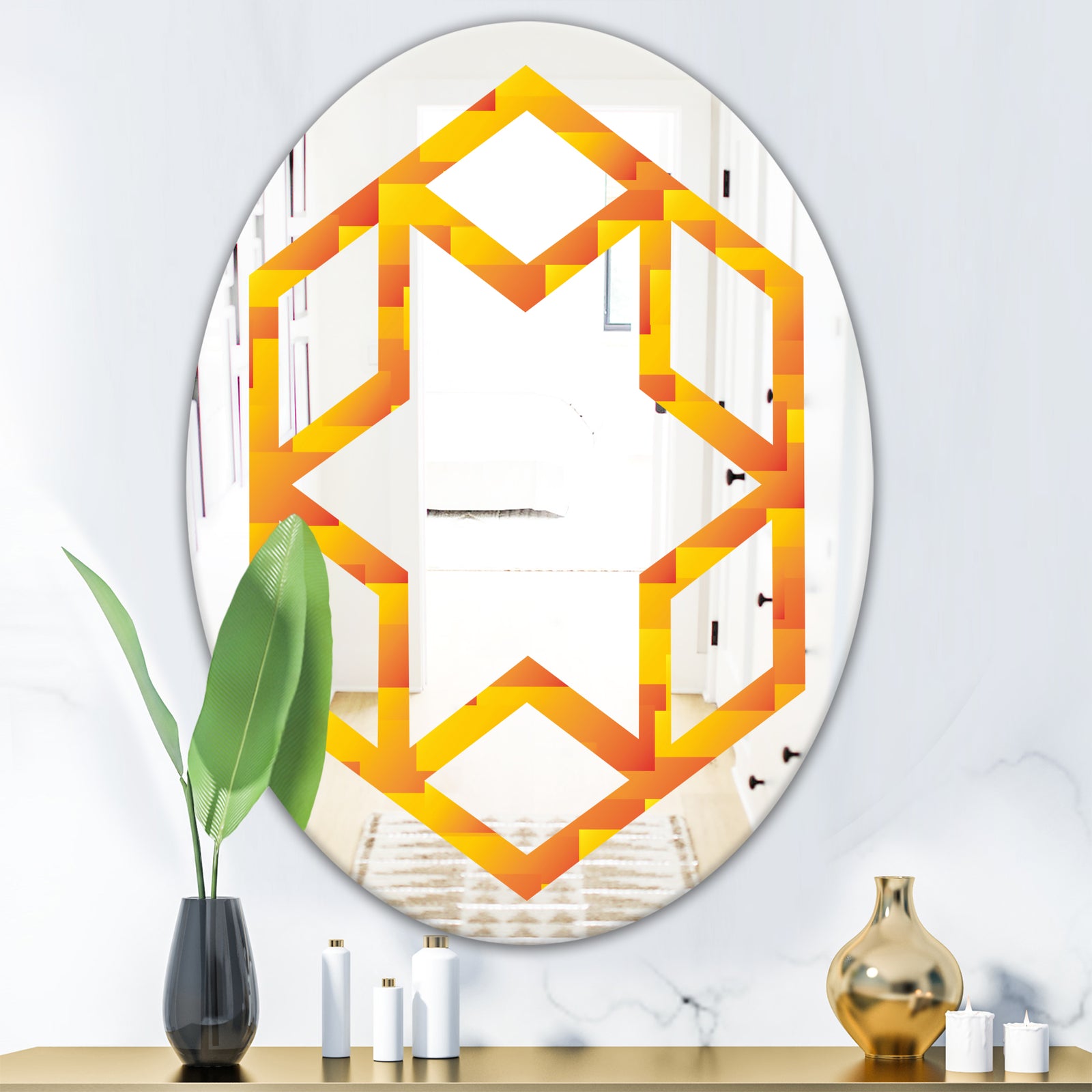 Retro Square Design VIII - Modern Round or Oval Wall Mirror - Hexagon Star
