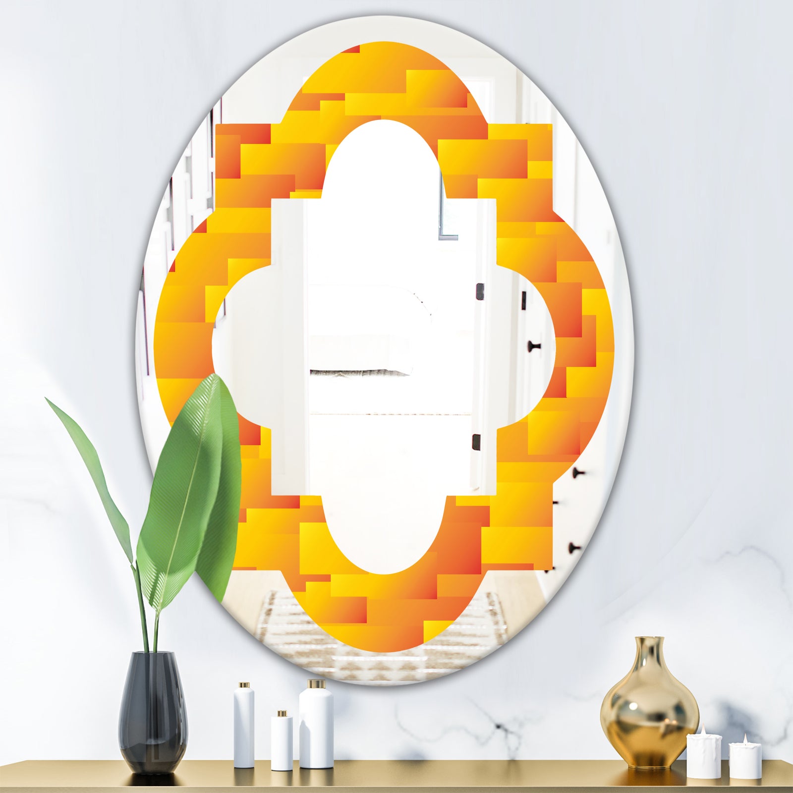Retro Square Design VIII - Modern Round or Oval Wall Mirror - Quatrefoil