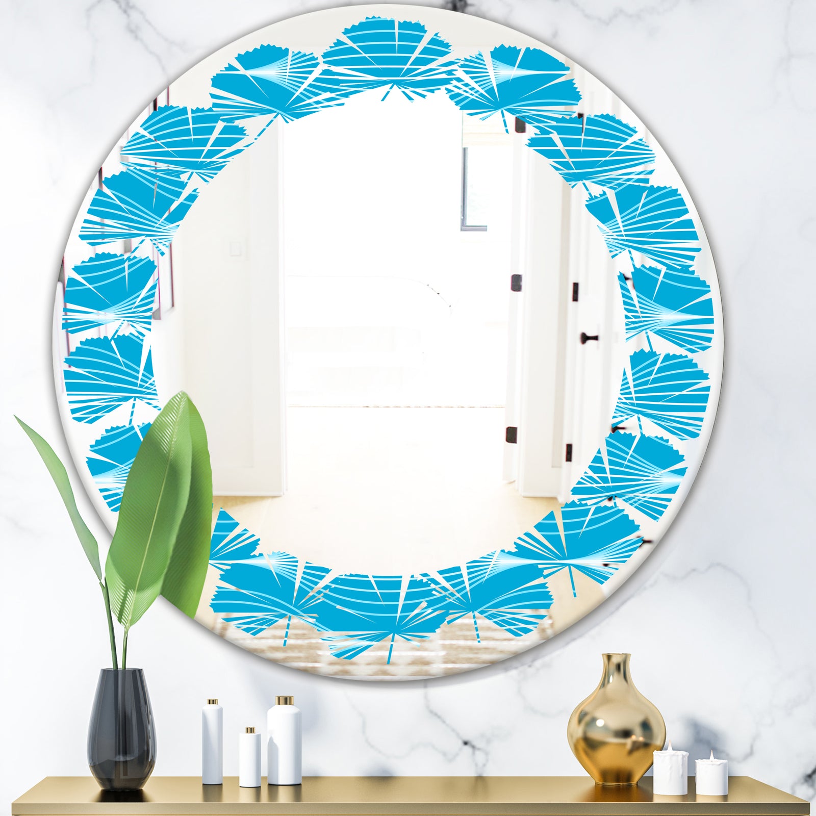 Light Blue Wave pattern - Modern Round or Oval Wall Mirror - Leaves
