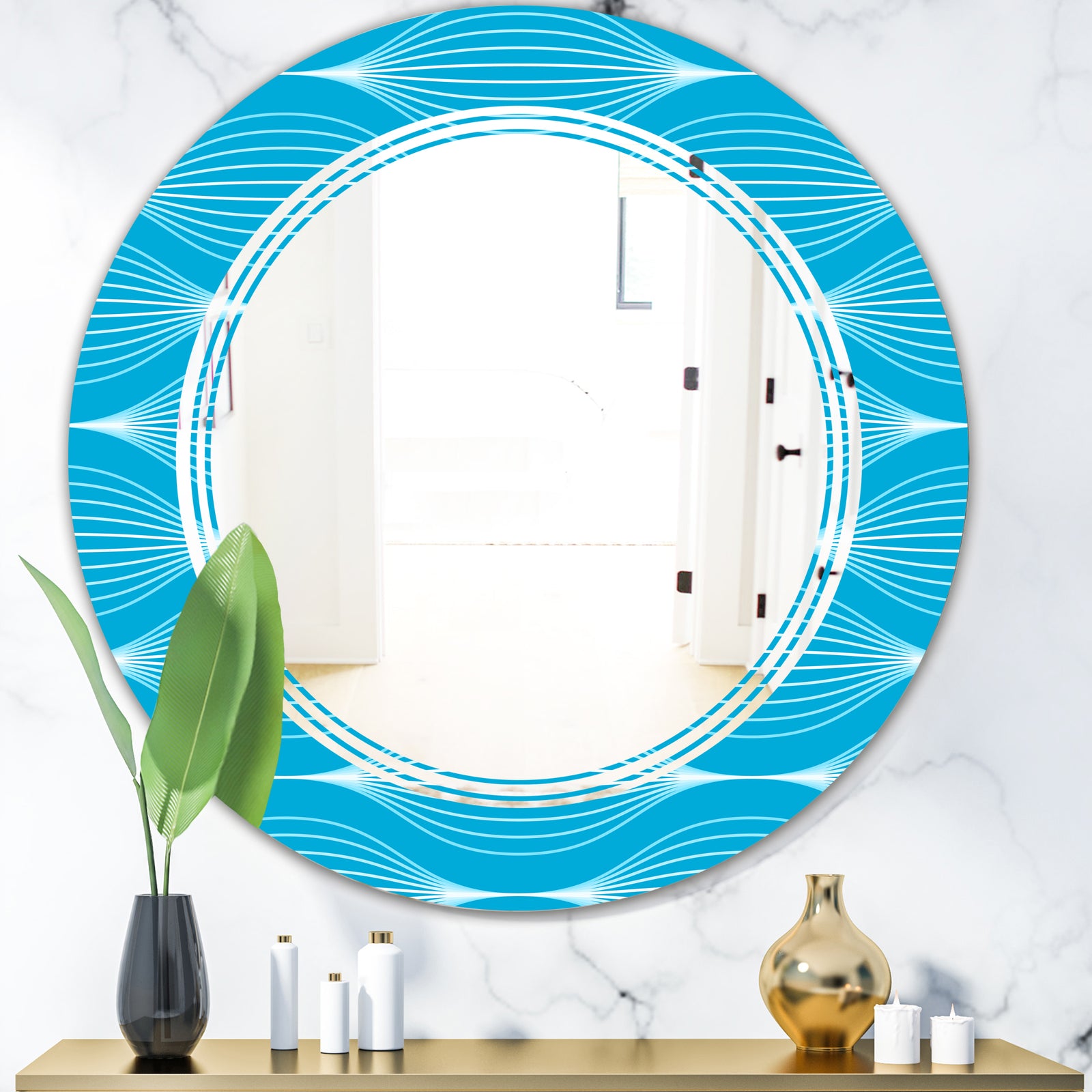 Light Blue Wave pattern - Modern Round or Oval Wall Mirror - Triple C