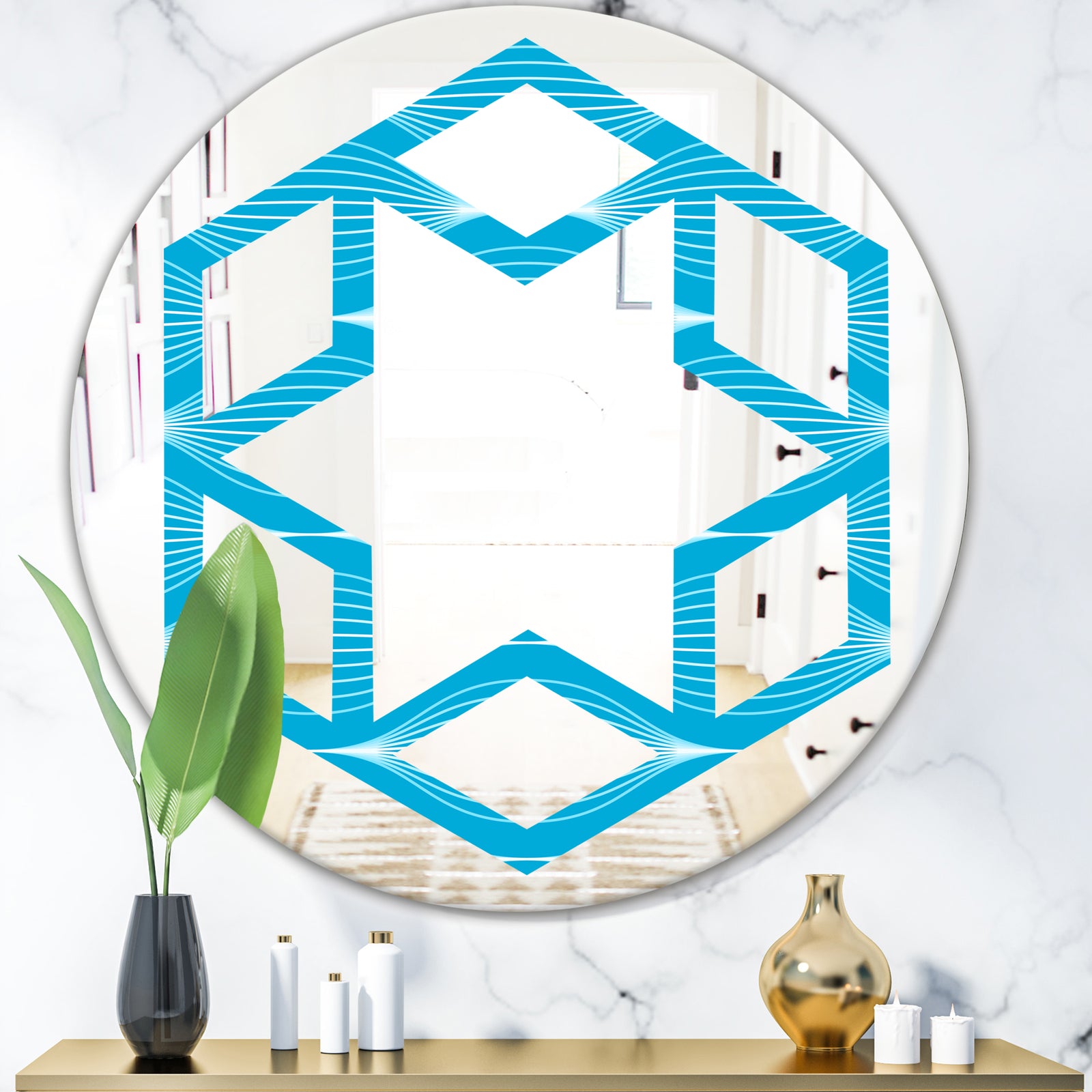 Light Blue Wave pattern - Modern Round or Oval Wall Mirror - Hexagon Star