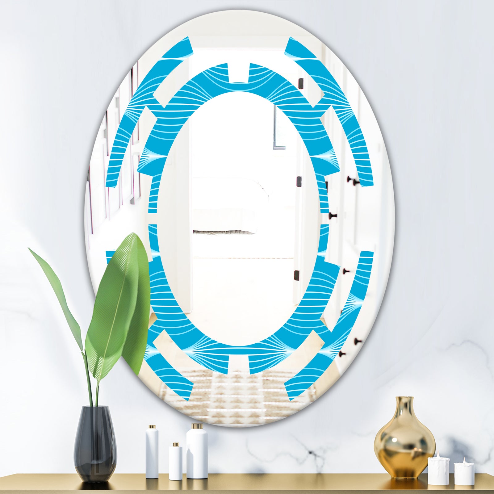 Light Blue Wave pattern - Modern Round or Oval Wall Mirror - Space