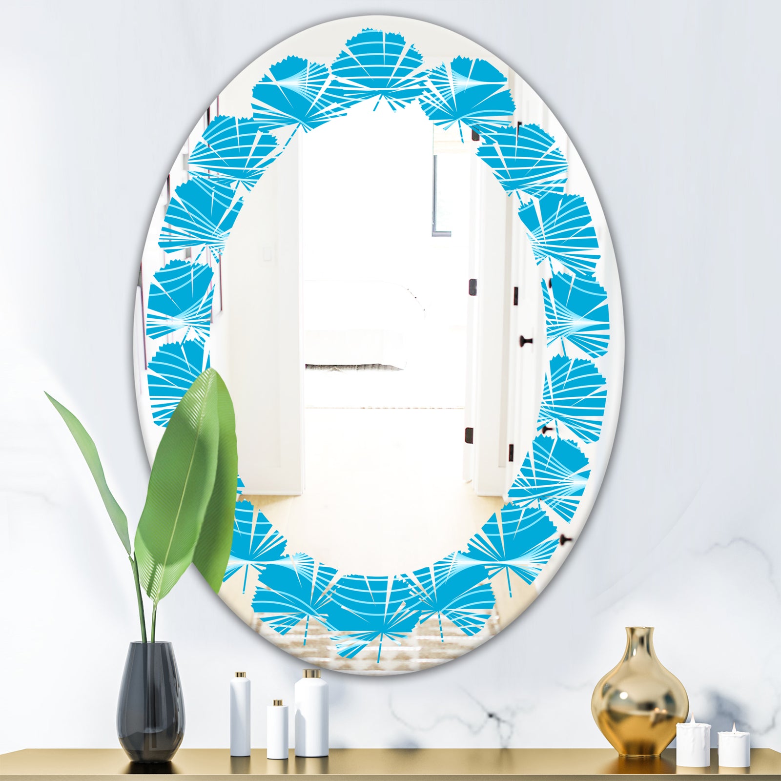 Light Blue Wave pattern - Modern Round or Oval Wall Mirror - Leaves