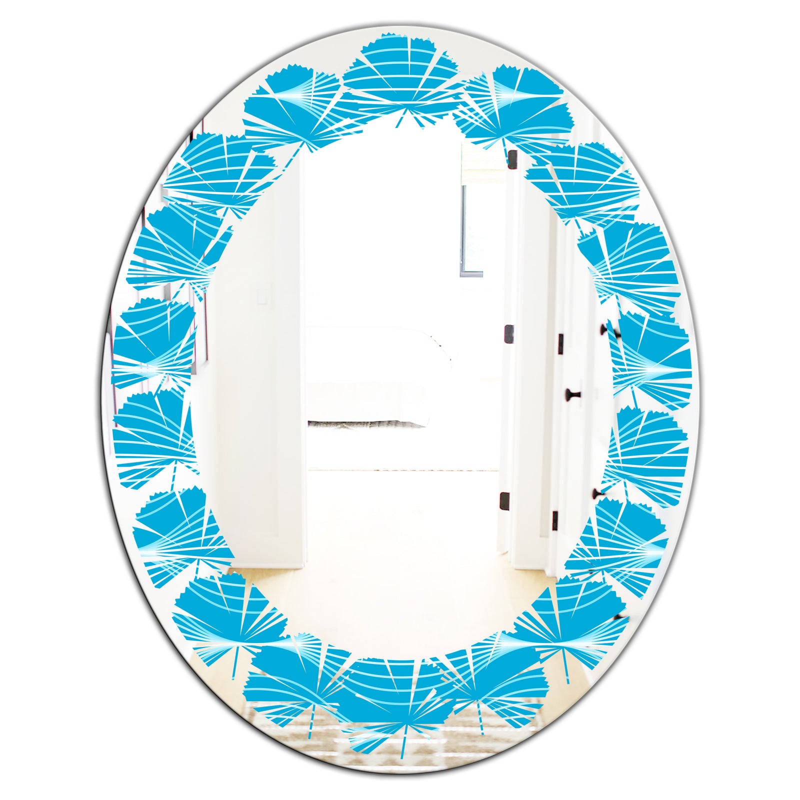 Light Blue Wave pattern - Modern Round or Oval Wall Mirror - Leaves