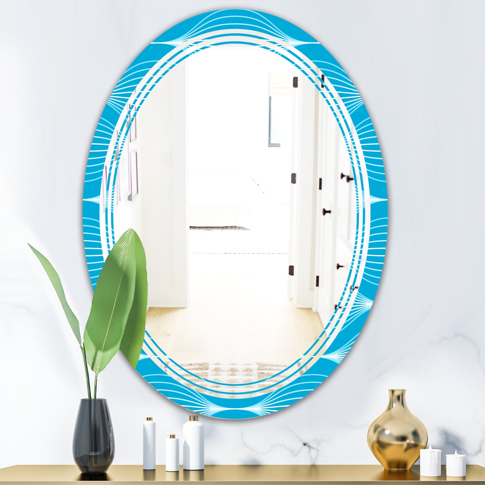 Light Blue Wave pattern - Modern Round or Oval Wall Mirror - Triple C