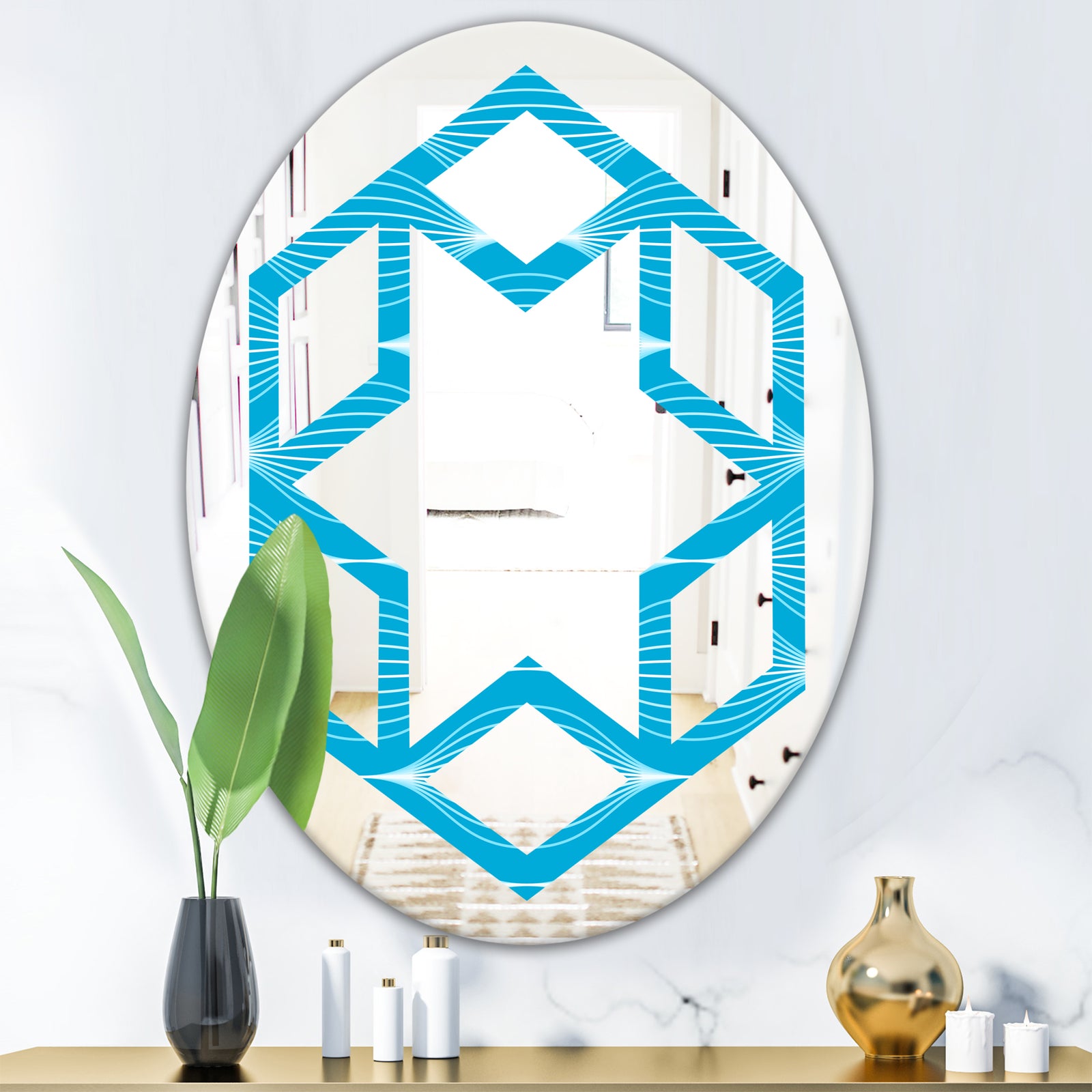Light Blue Wave pattern - Modern Round or Oval Wall Mirror - Hexagon Star