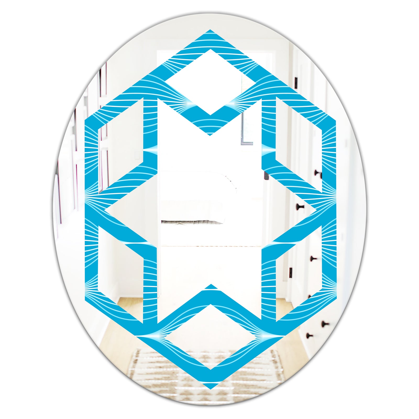 Light Blue Wave pattern - Modern Round or Oval Wall Mirror - Hexagon Star