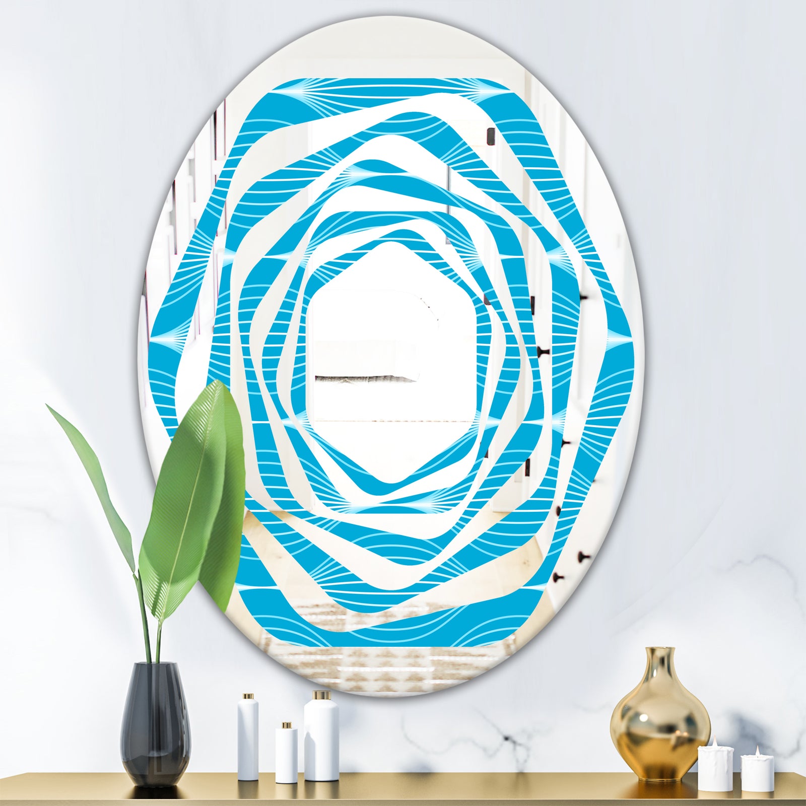 Light Blue Wave pattern - Modern Round or Oval Wall Mirror - Whirl