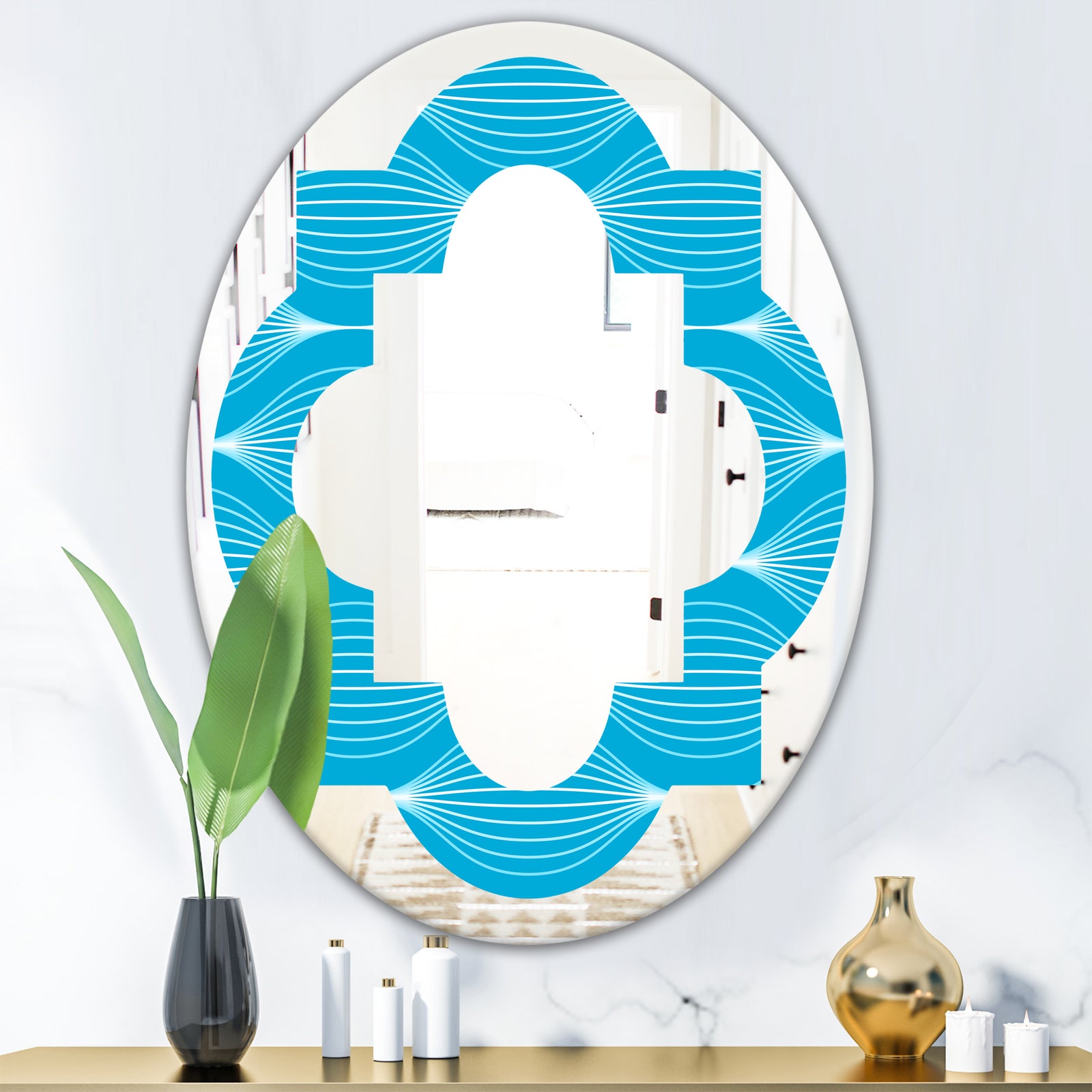 Light Blue Wave pattern - Modern Round or Oval Wall Mirror - Quatrefoil