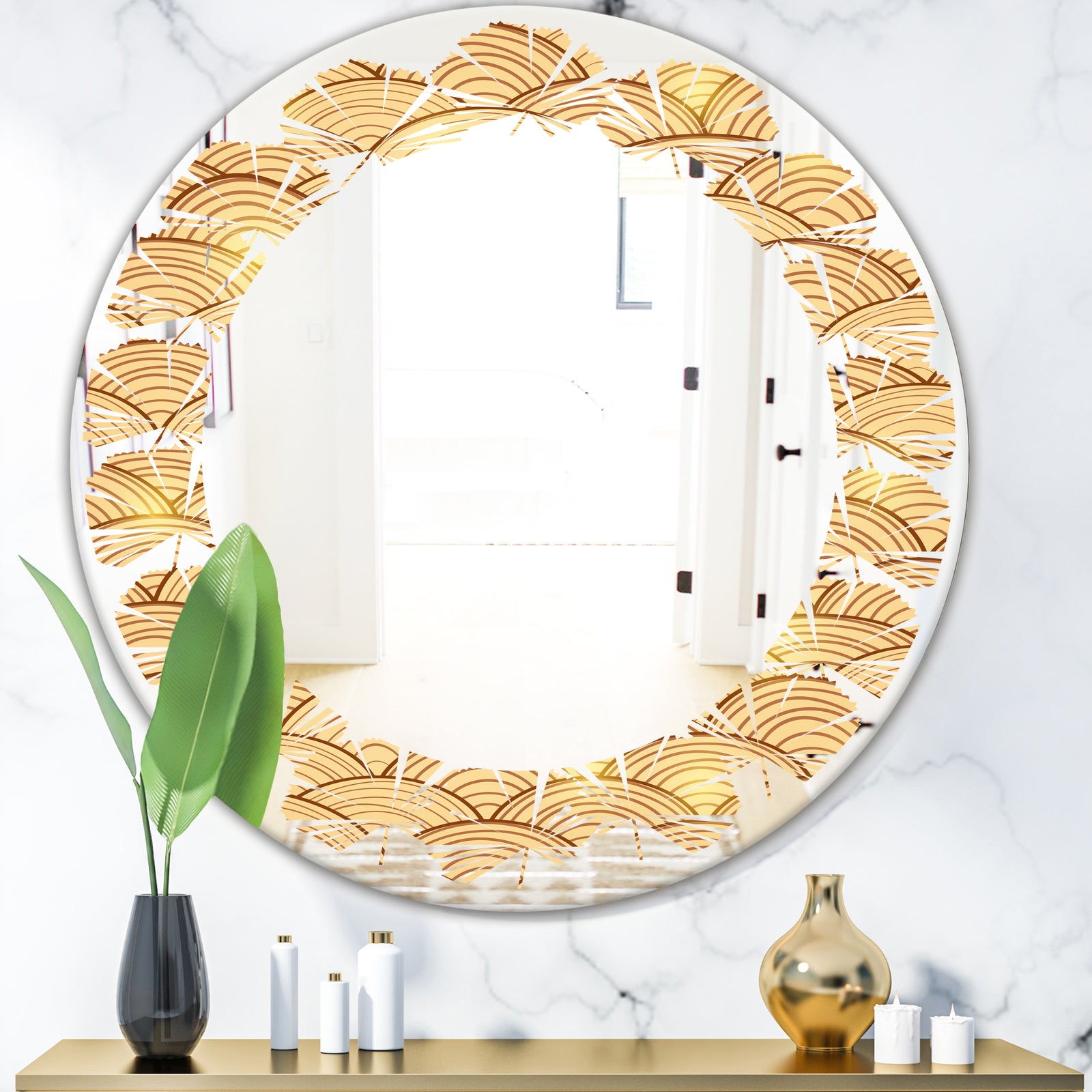 Golden Clouds In The Sky - Modern Round or Oval Wall Mirror - Leaves