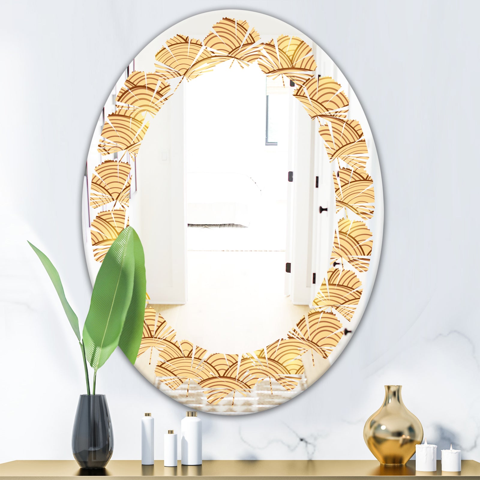 Golden Clouds In The Sky - Modern Round or Oval Wall Mirror - Leaves