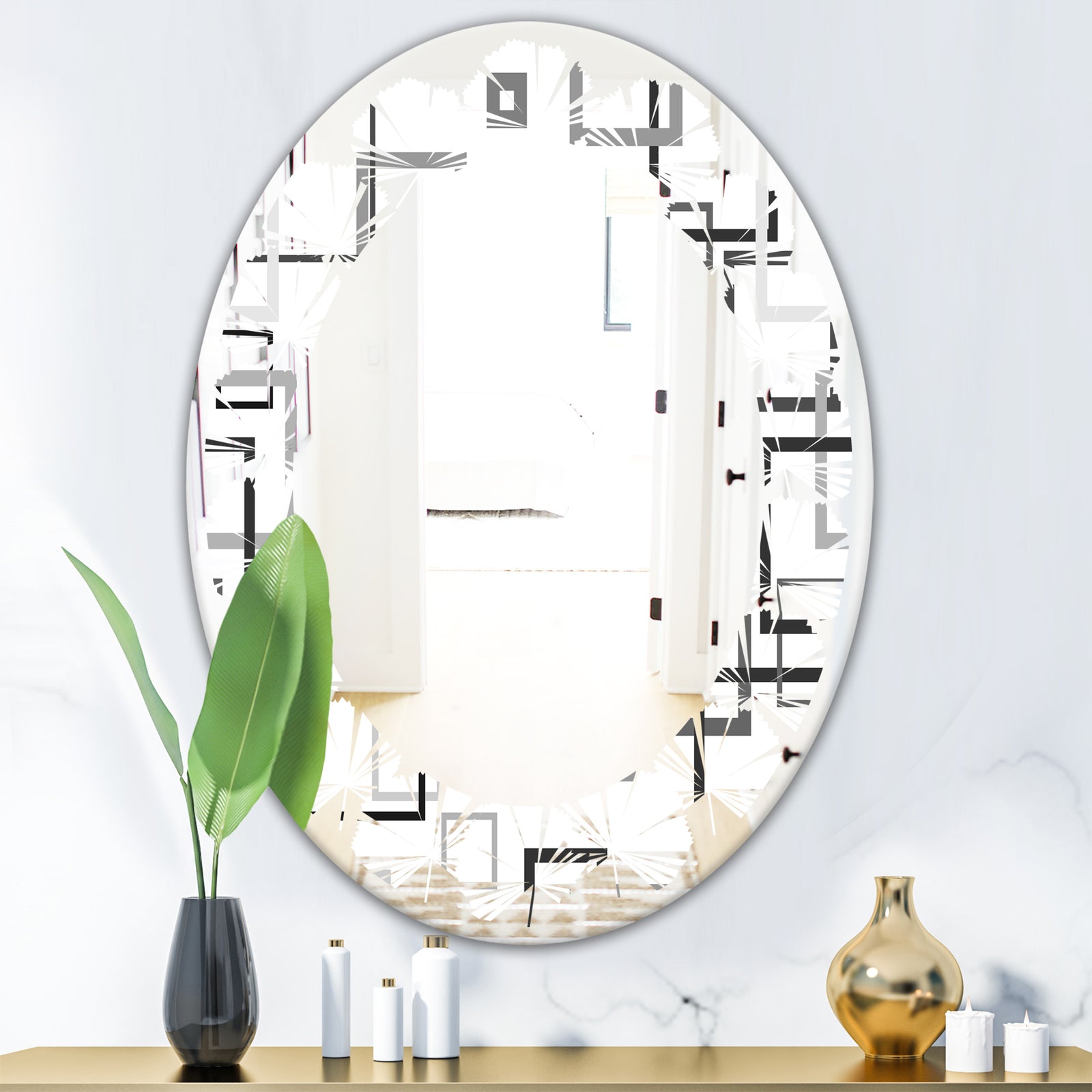 Abstract Retro Design II - Modern Round or Oval Wall Mirror - Leaves