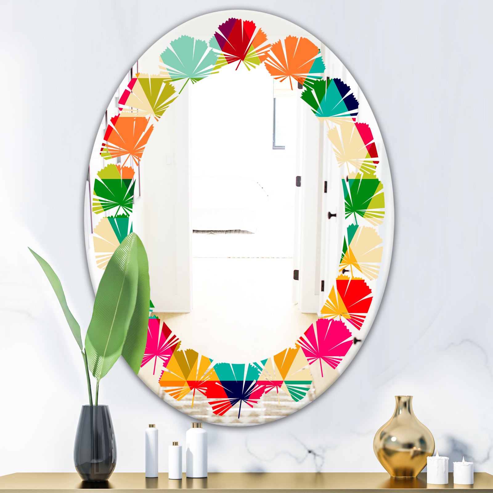 Diamond Retro IX - Modern Round or Oval Wall Mirror - Leaves