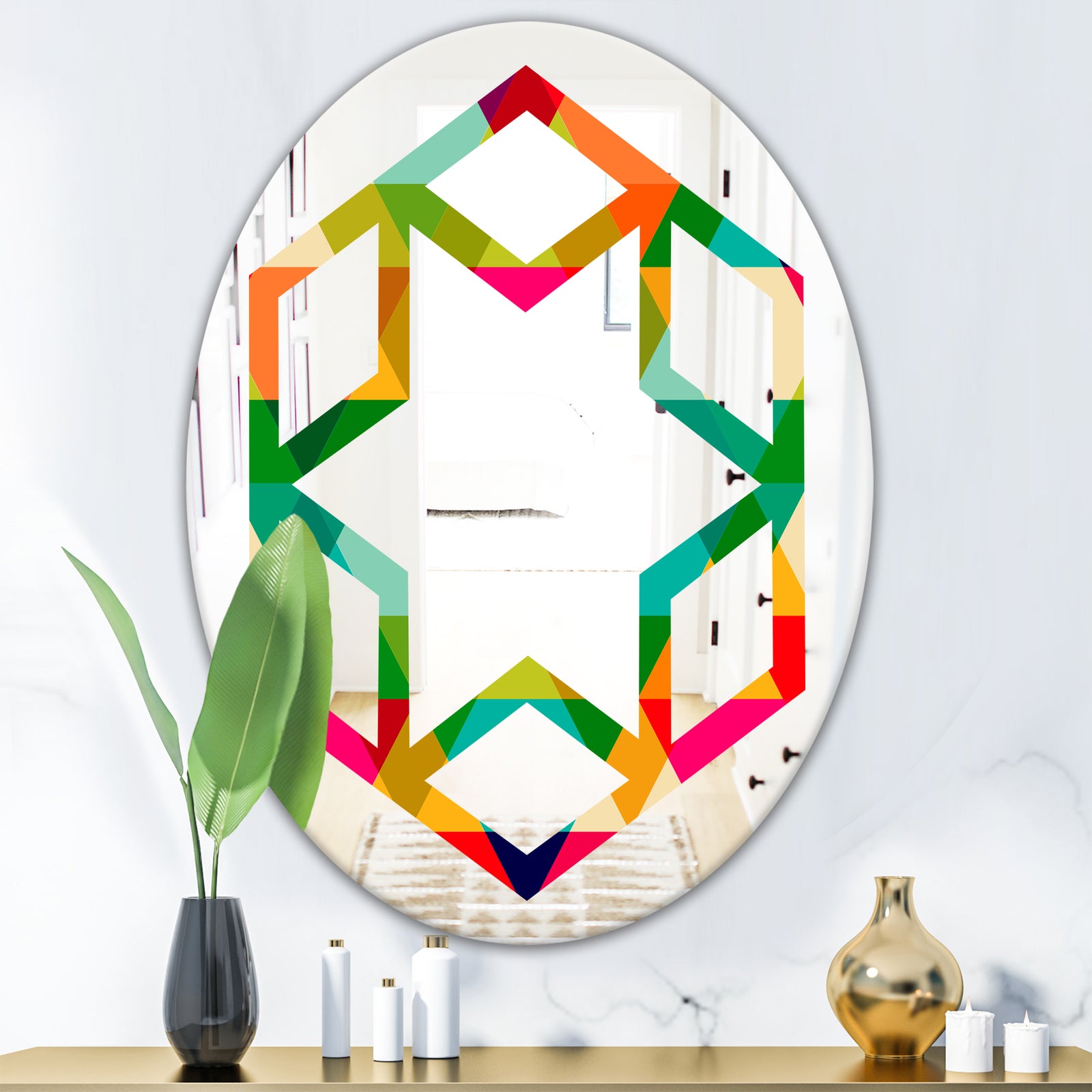 Diamond Retro IX - Modern Round or Oval Wall Mirror - Hexagon Star