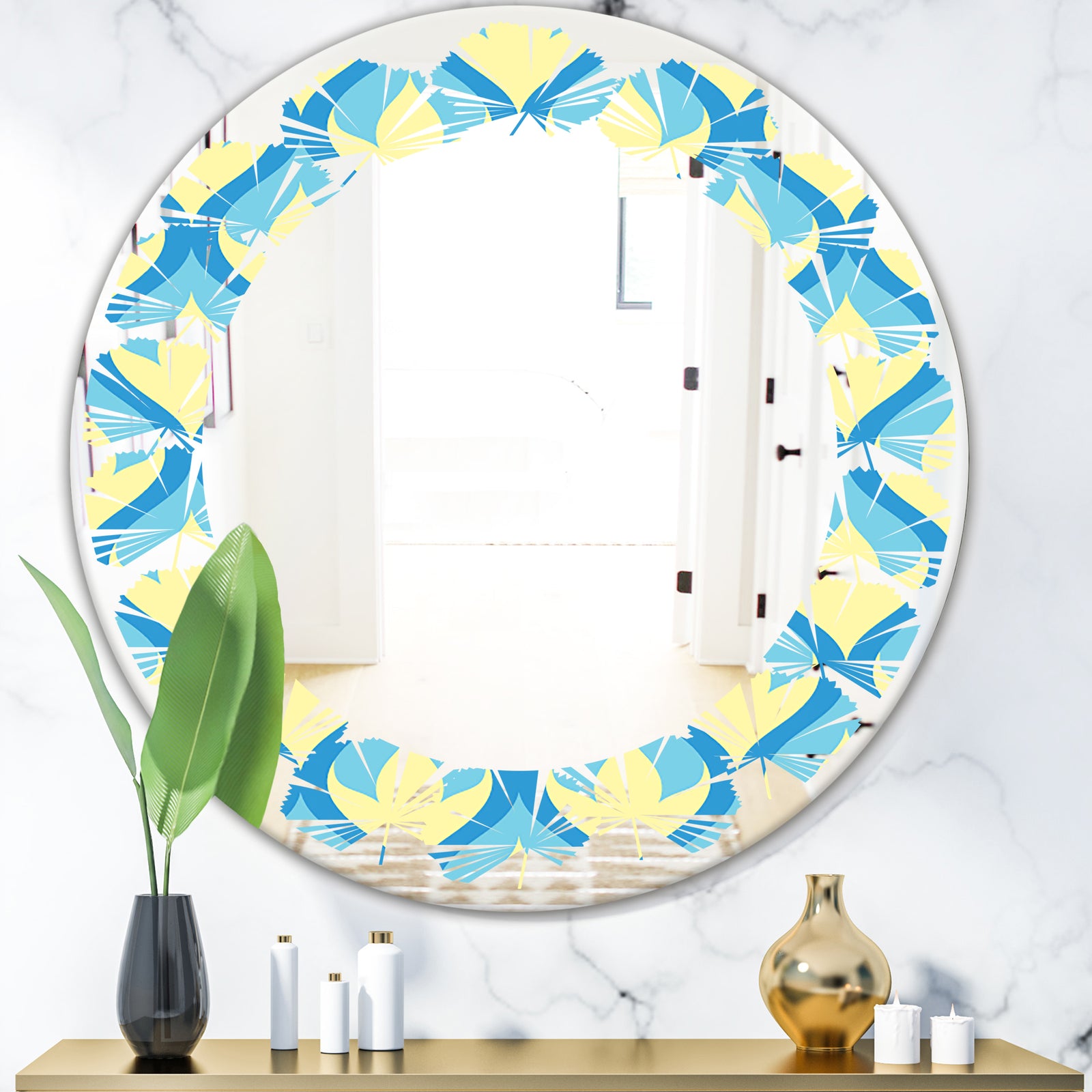 Retro Pattern Abstract Design IX - Modern Round or Oval Wall Mirror - Leaves