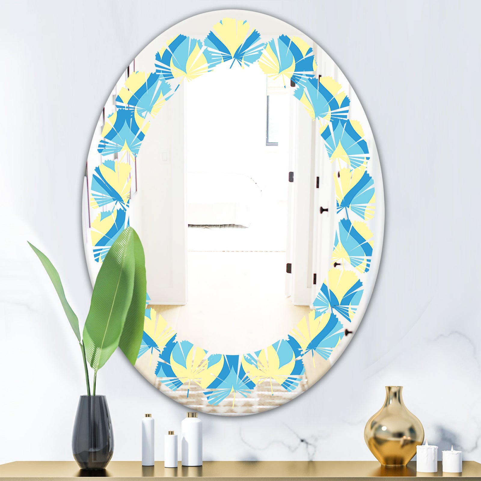 Retro Pattern Abstract Design IX - Modern Round or Oval Wall Mirror - Leaves