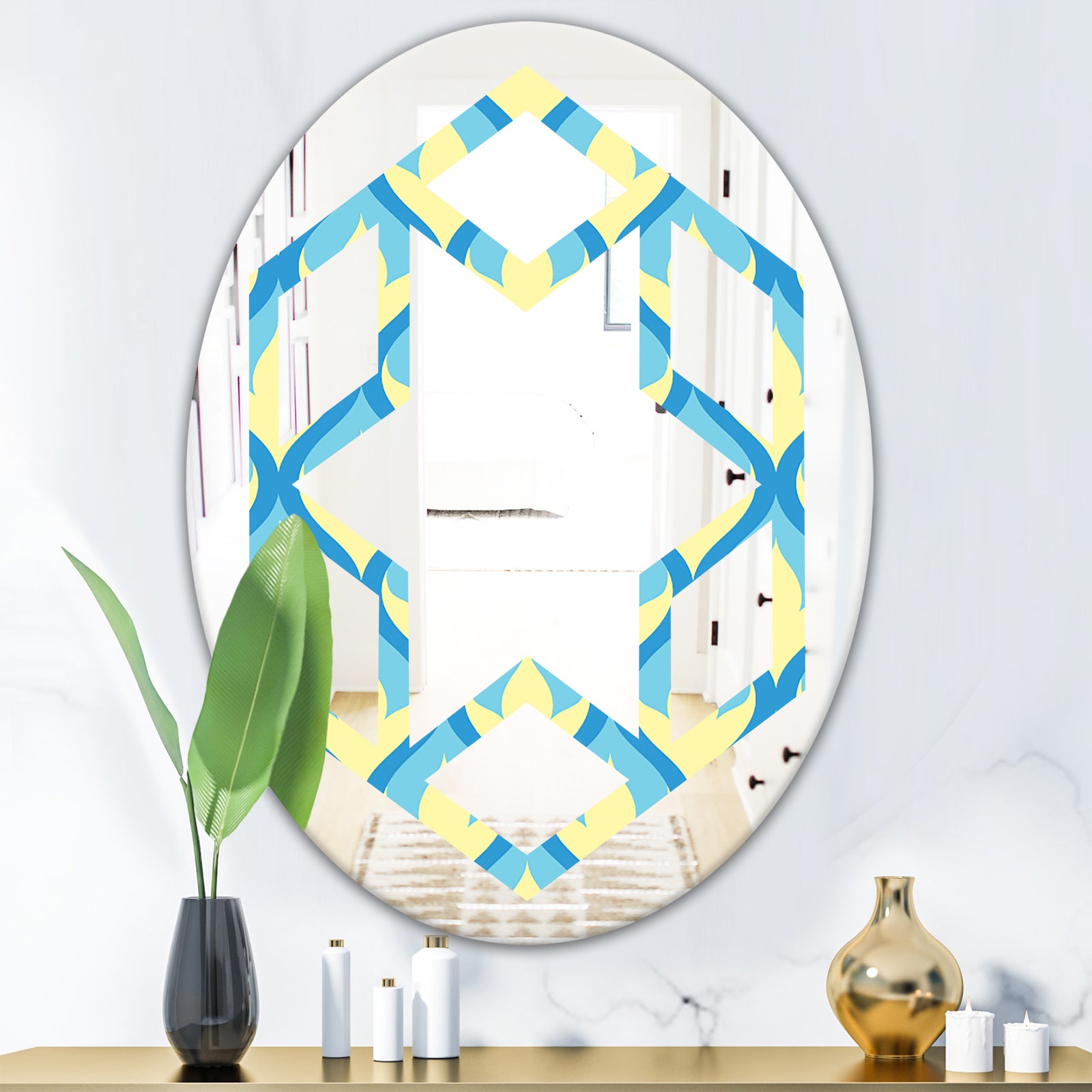 Retro Pattern Abstract Design IX - Modern Round or Oval Wall Mirror - Hexagon Star