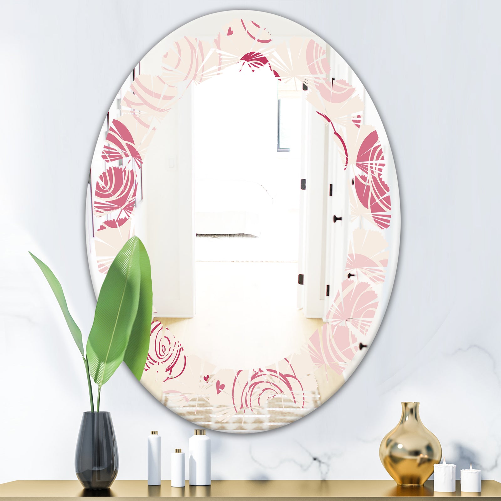 roses pattern - Modern Round or Oval Wall Mirror - Leaves