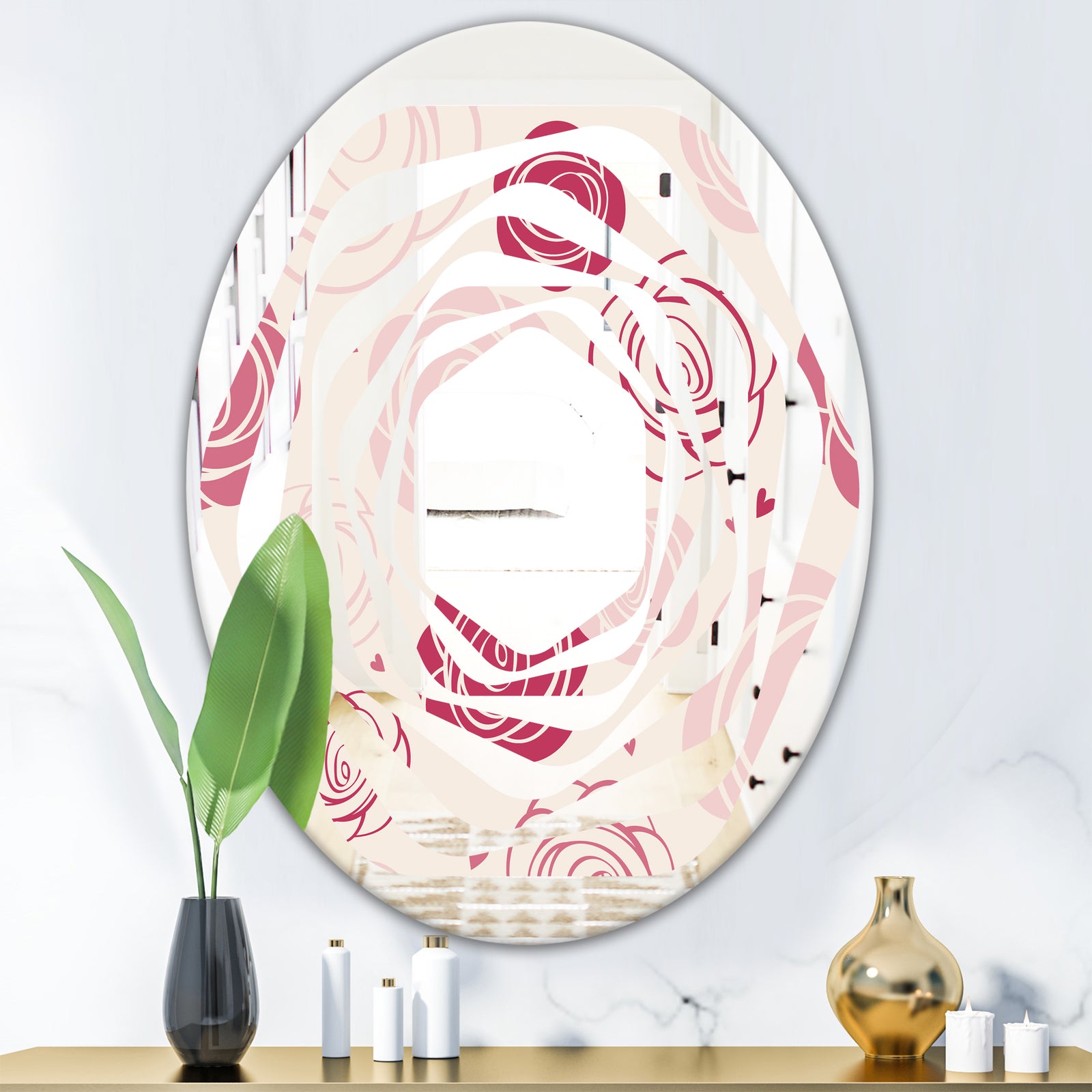 roses pattern - Modern Round or Oval Wall Mirror - Whirl