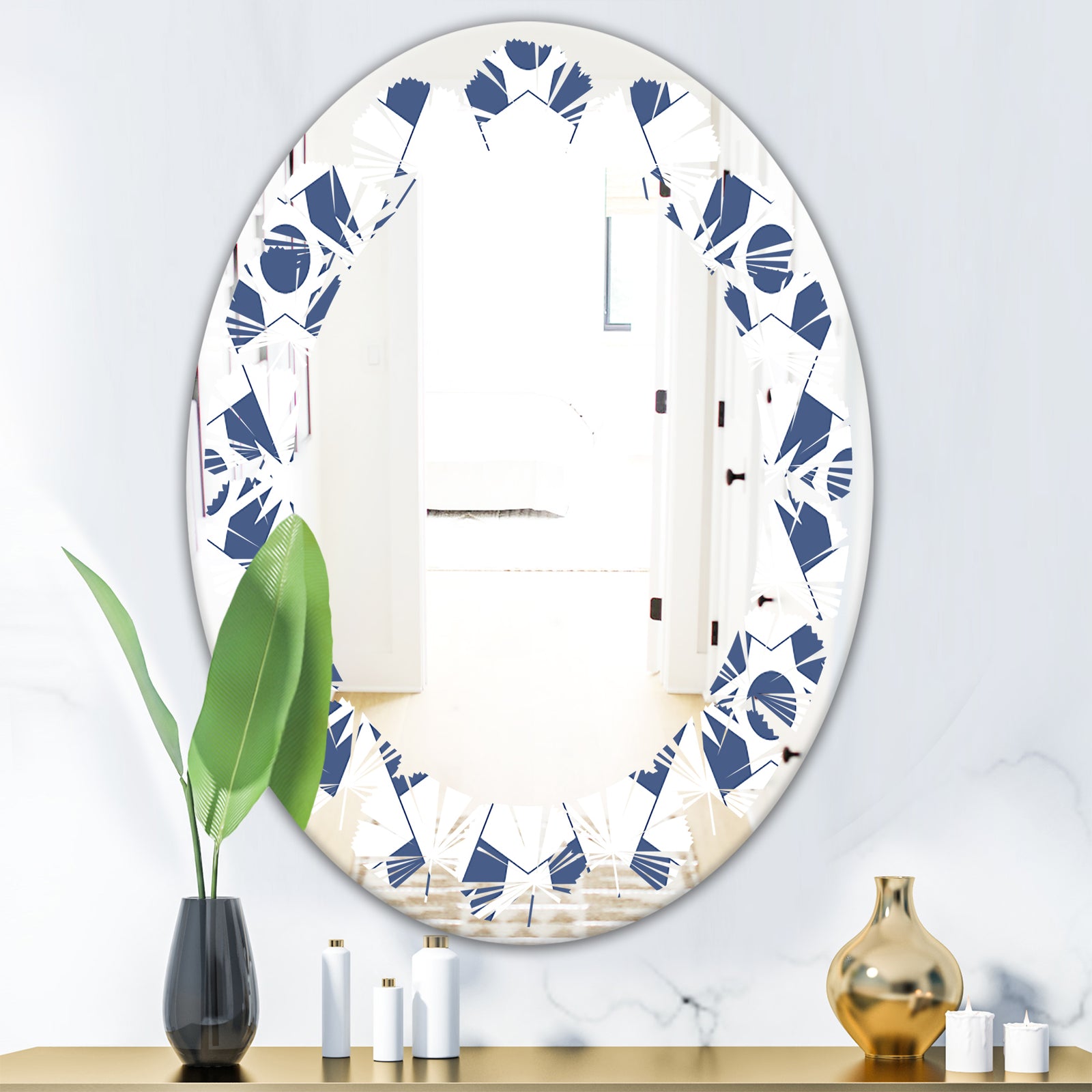 Abstract Retro Geometrical Design I - Modern Round or Oval Wall Mirror - Leaves