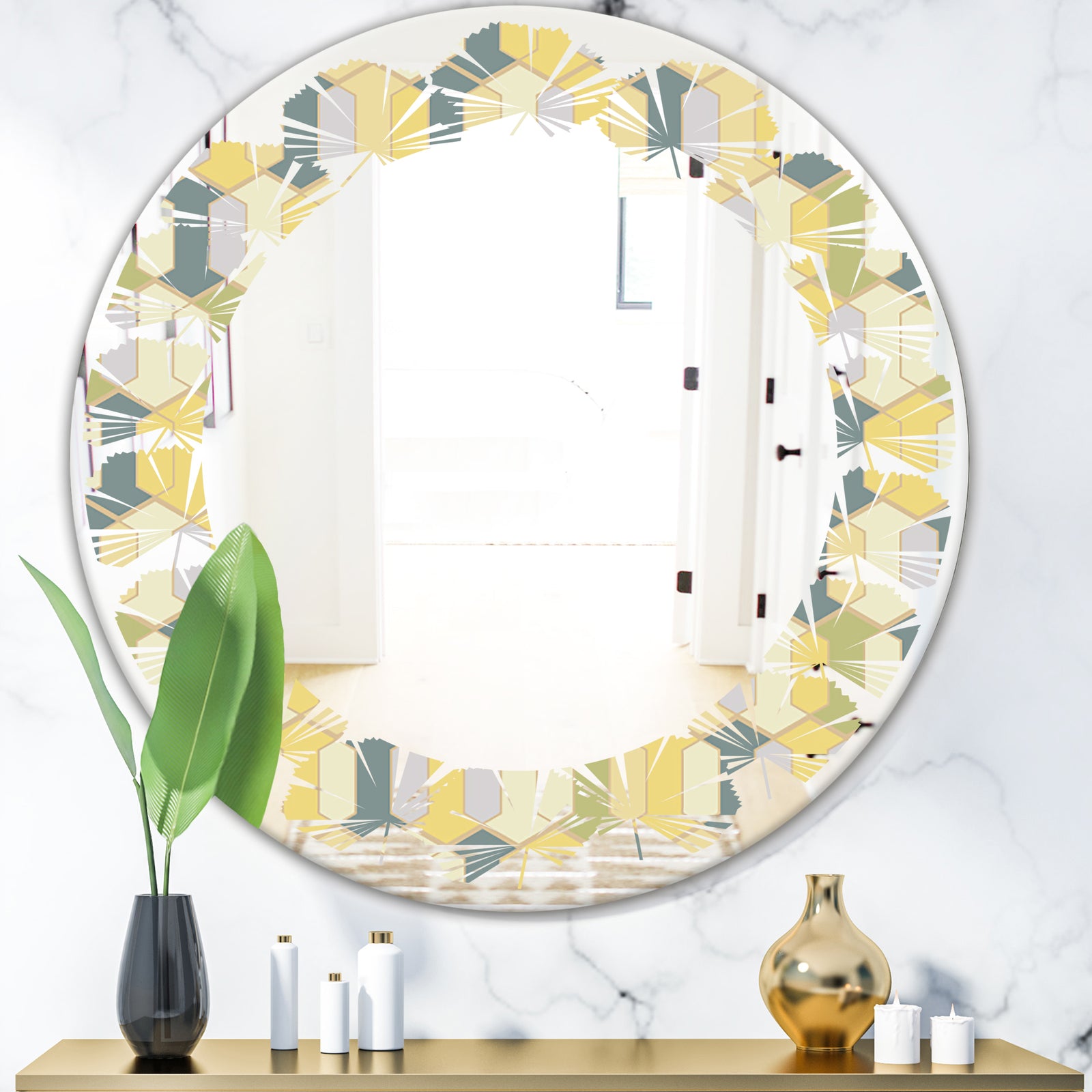 Abstract Retro Geometrical Design II - Modern Round or Oval Wall Mirror - Leaves