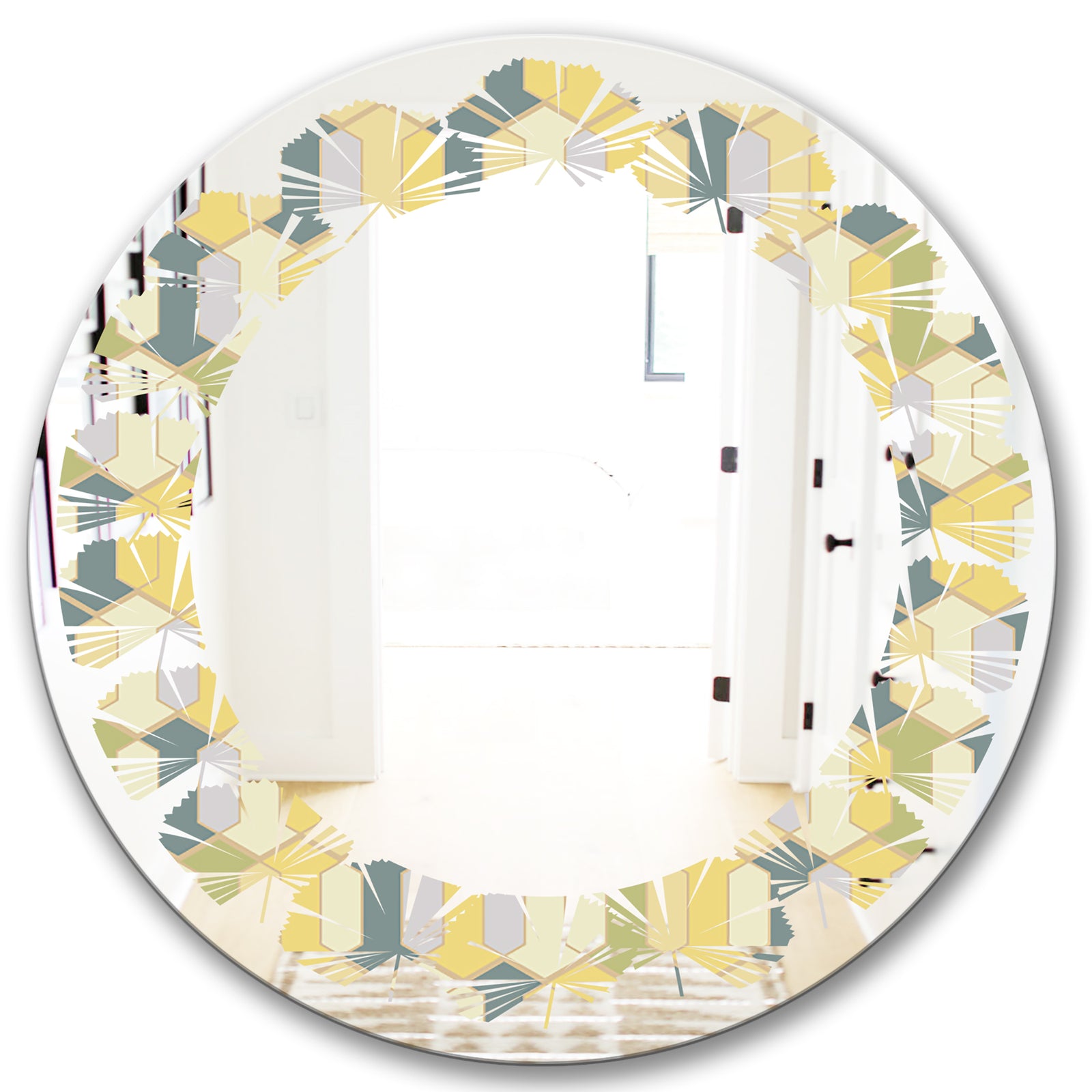 Abstract Retro Geometrical Design II - Modern Round or Oval Wall Mirror - Leaves
