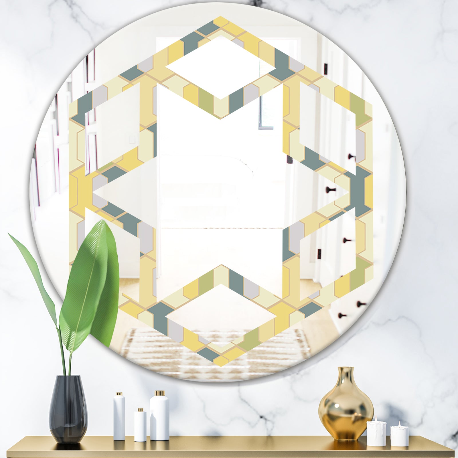 Abstract Retro Geometrical Design II - Modern Round or Oval Wall Mirror - Hexagon Star