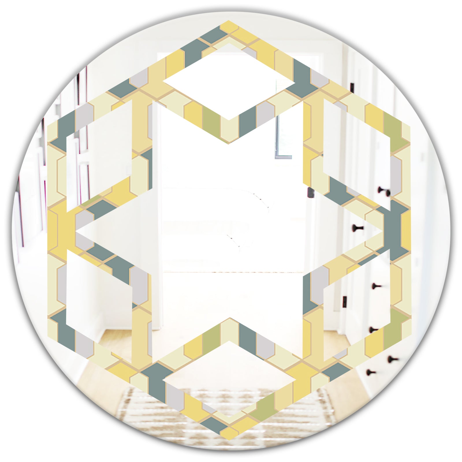 Abstract Retro Geometrical Design II - Modern Round or Oval Wall Mirror - Hexagon Star