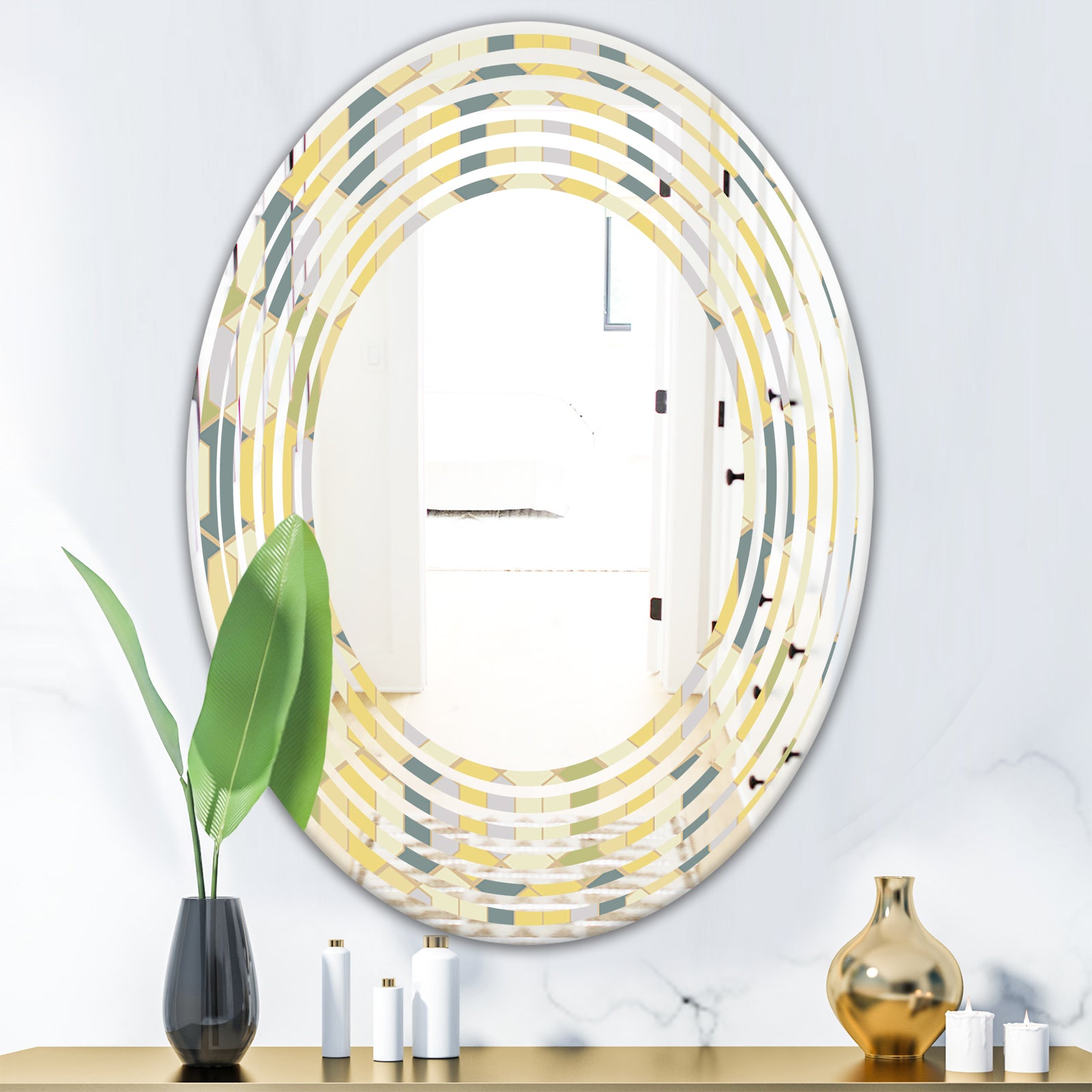 Abstract Retro Geometrical Design II - Modern Round or Oval Wall Mirror - Wave