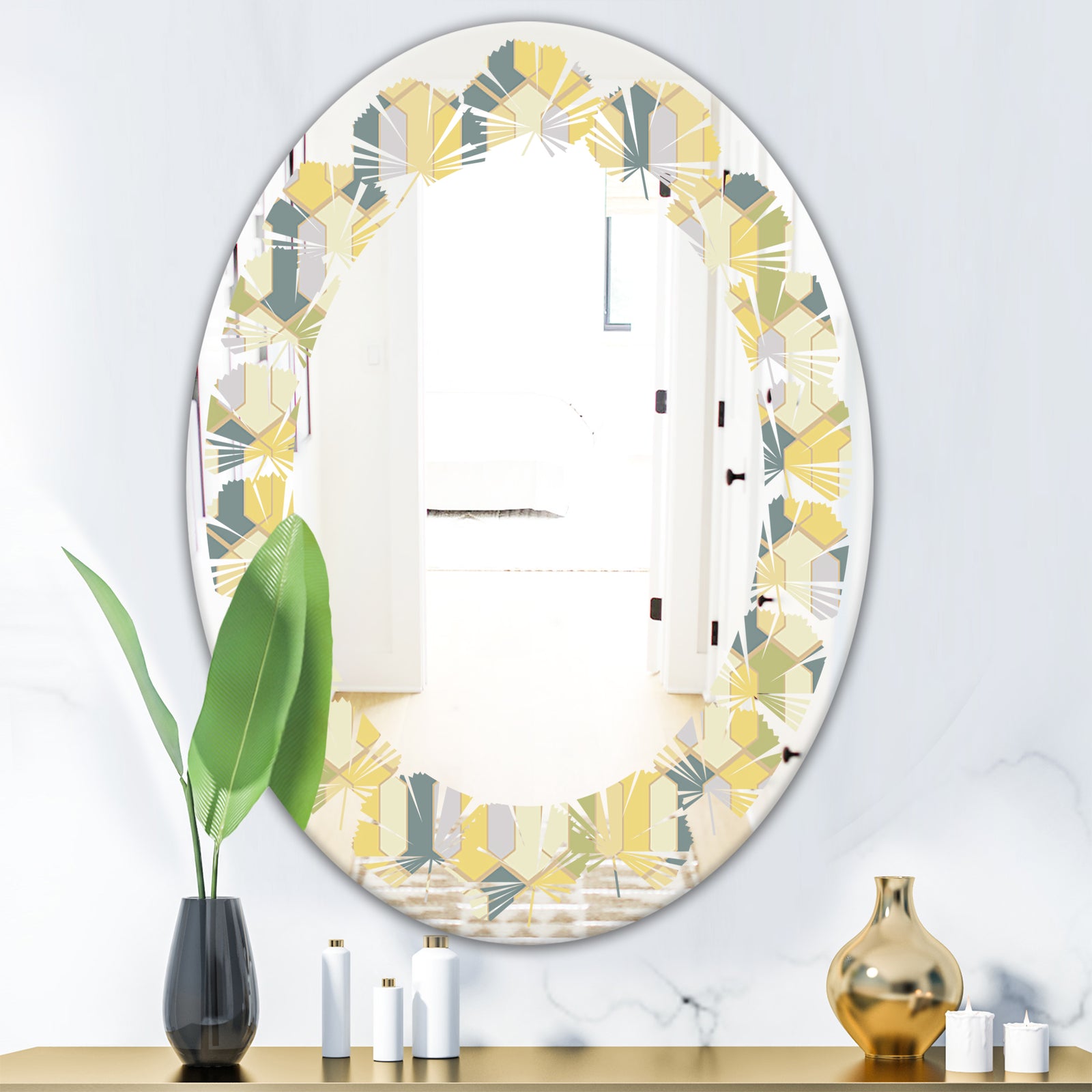 Abstract Retro Geometrical Design II - Modern Round or Oval Wall Mirror - Leaves