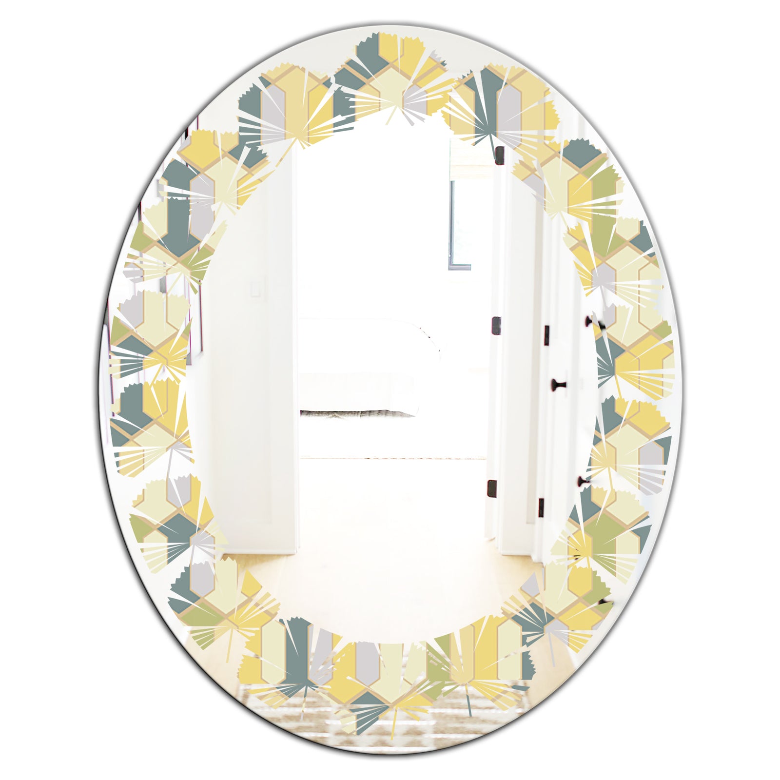Abstract Retro Geometrical Design II - Modern Round or Oval Wall Mirror - Leaves