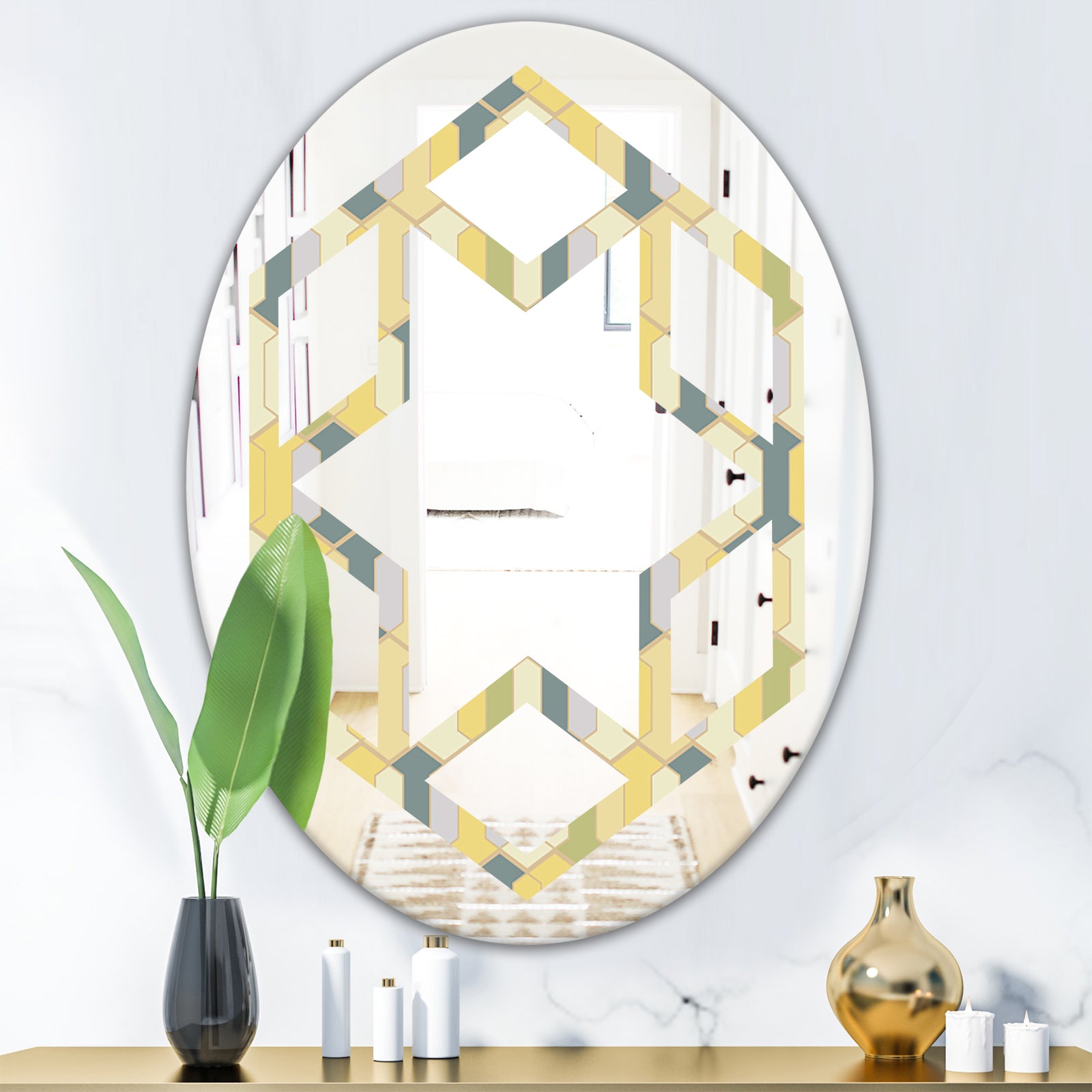 Abstract Retro Geometrical Design II - Modern Round or Oval Wall Mirror - Hexagon Star