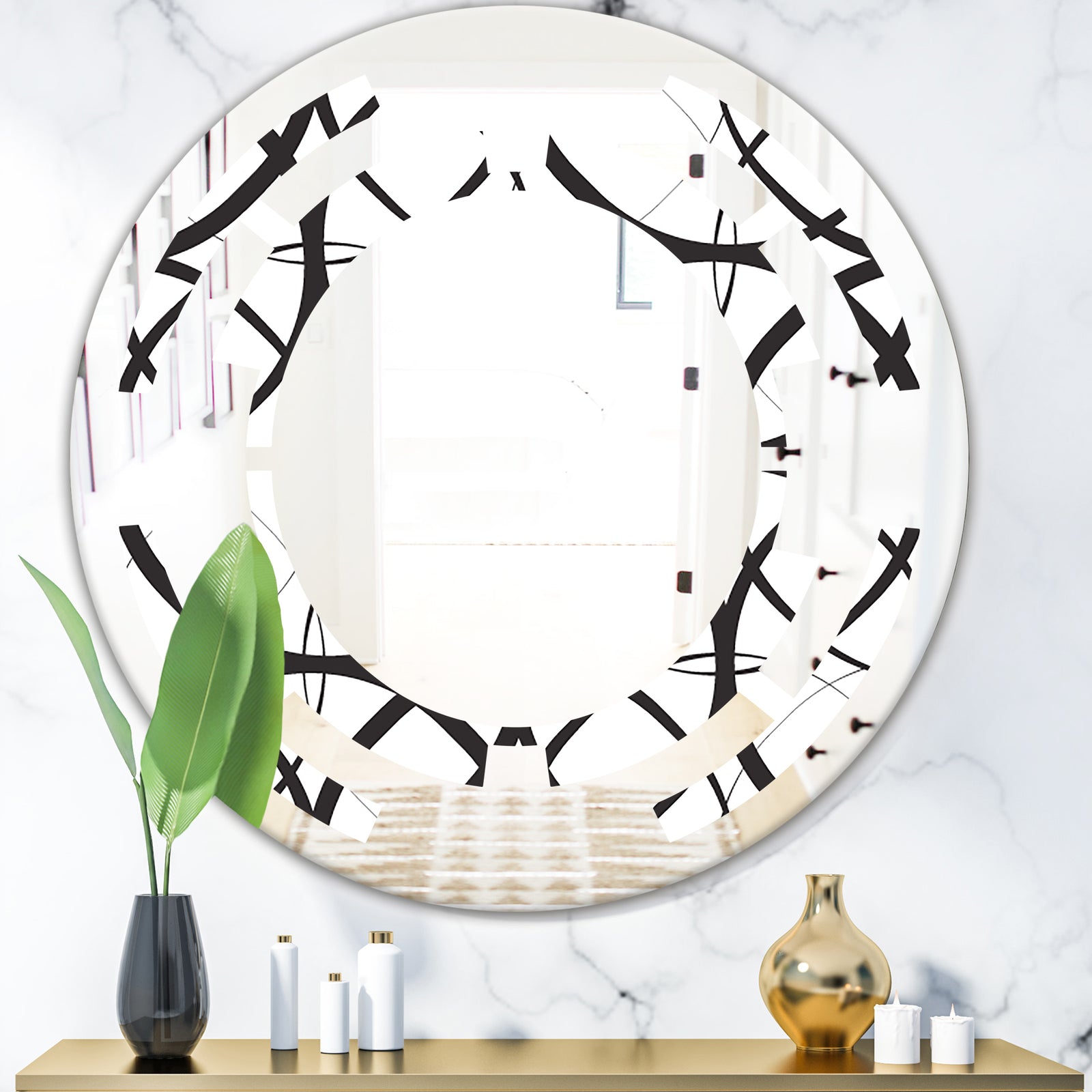 Monochrome Geometric Pattern - Modern Round or Oval Wall Mirror - Space