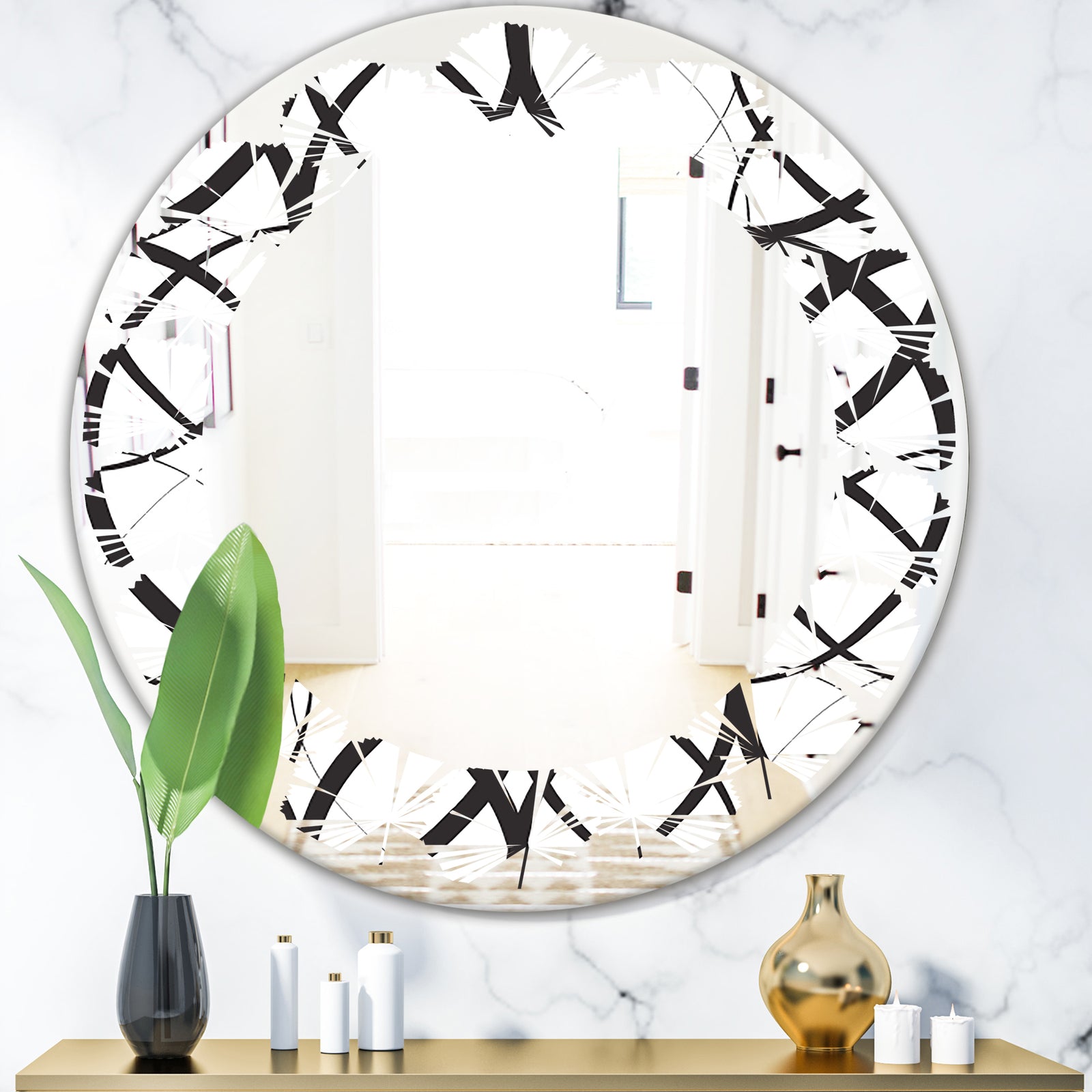 Monochrome Geometric Pattern - Modern Round or Oval Wall Mirror - Leaves